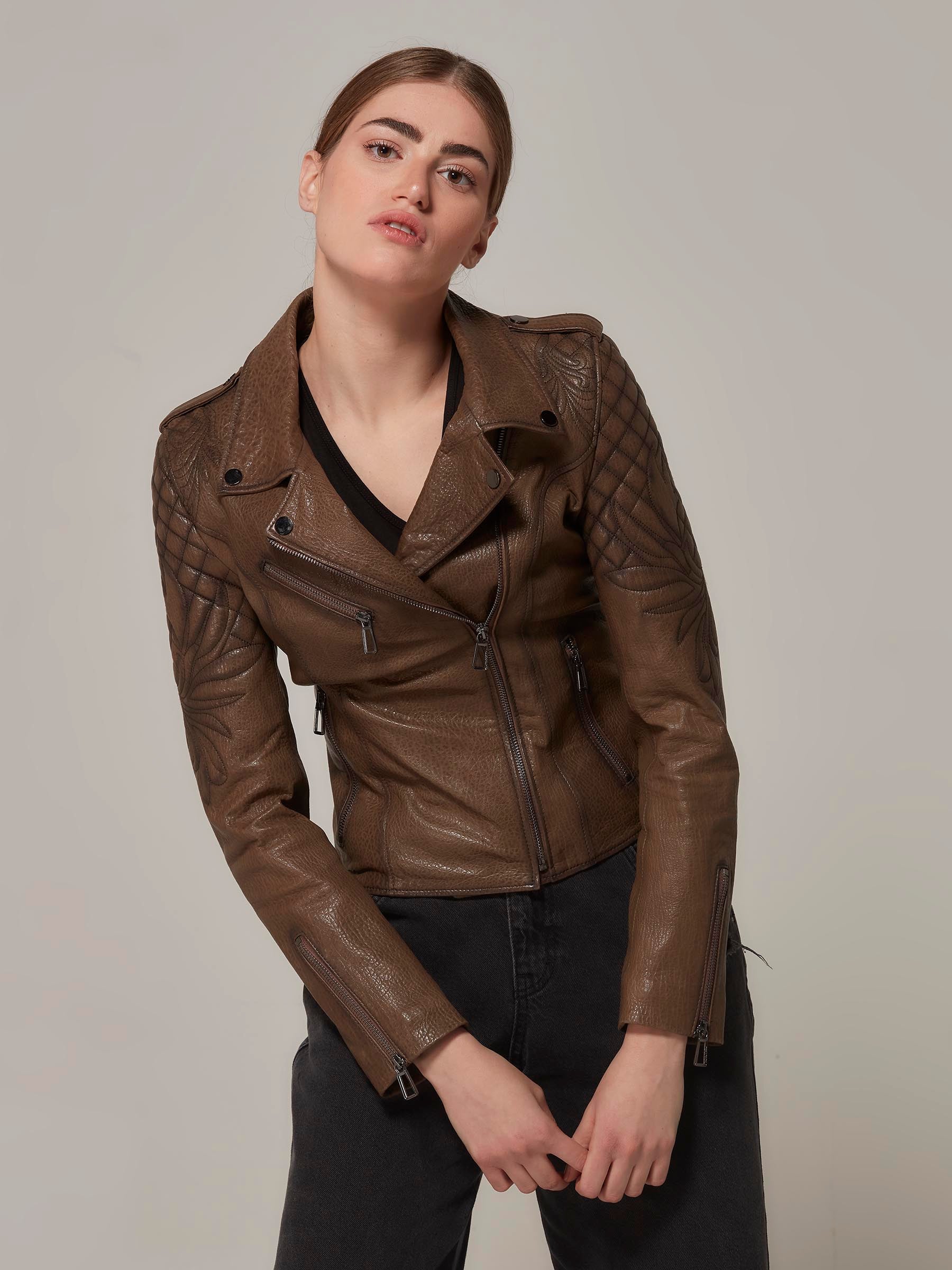 Vintage Brown Leather Jacket with Embroidery and Quilting Details