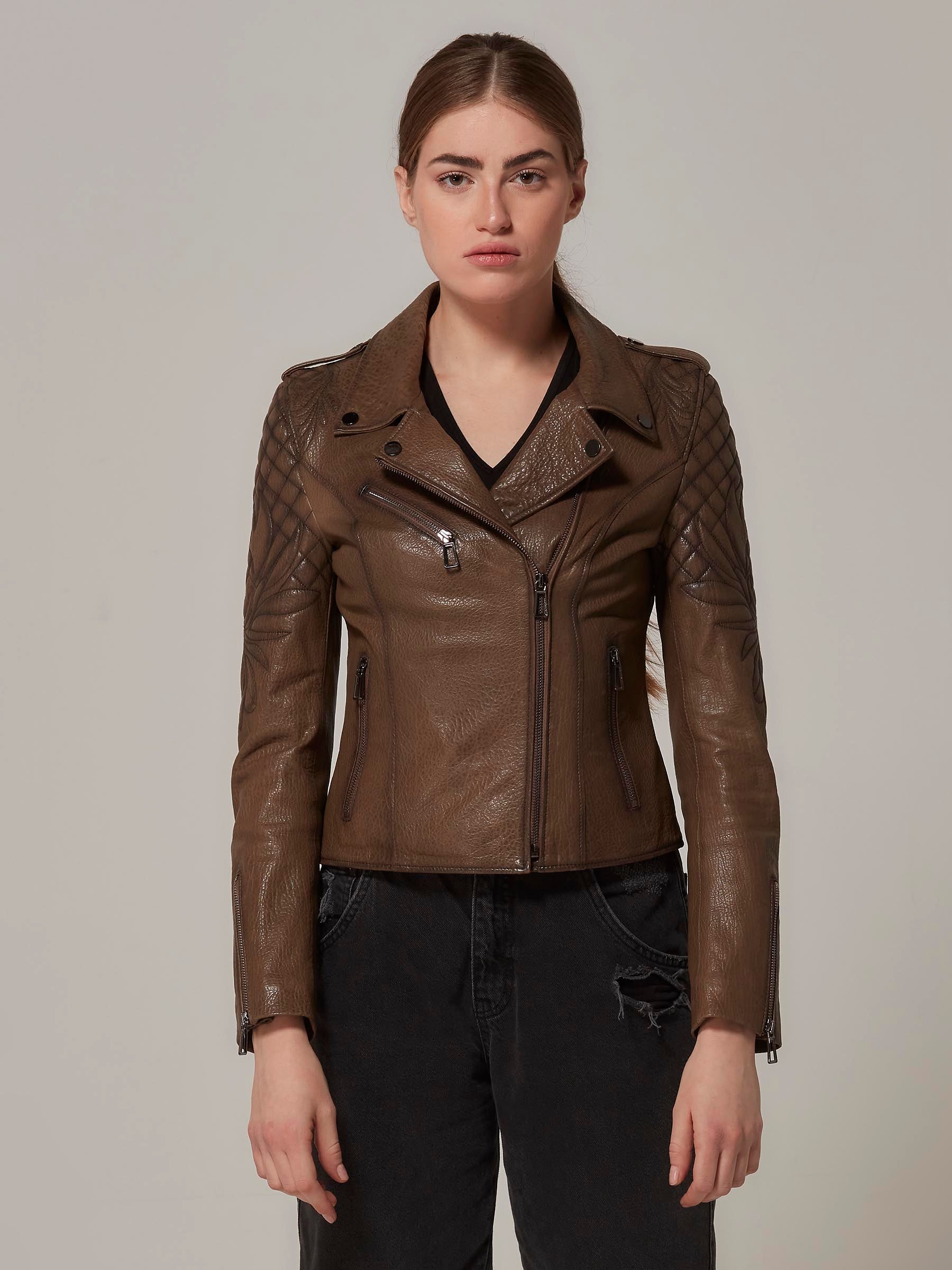 Vintage Brown Leather Jacket with Embroidery and Quilting Details