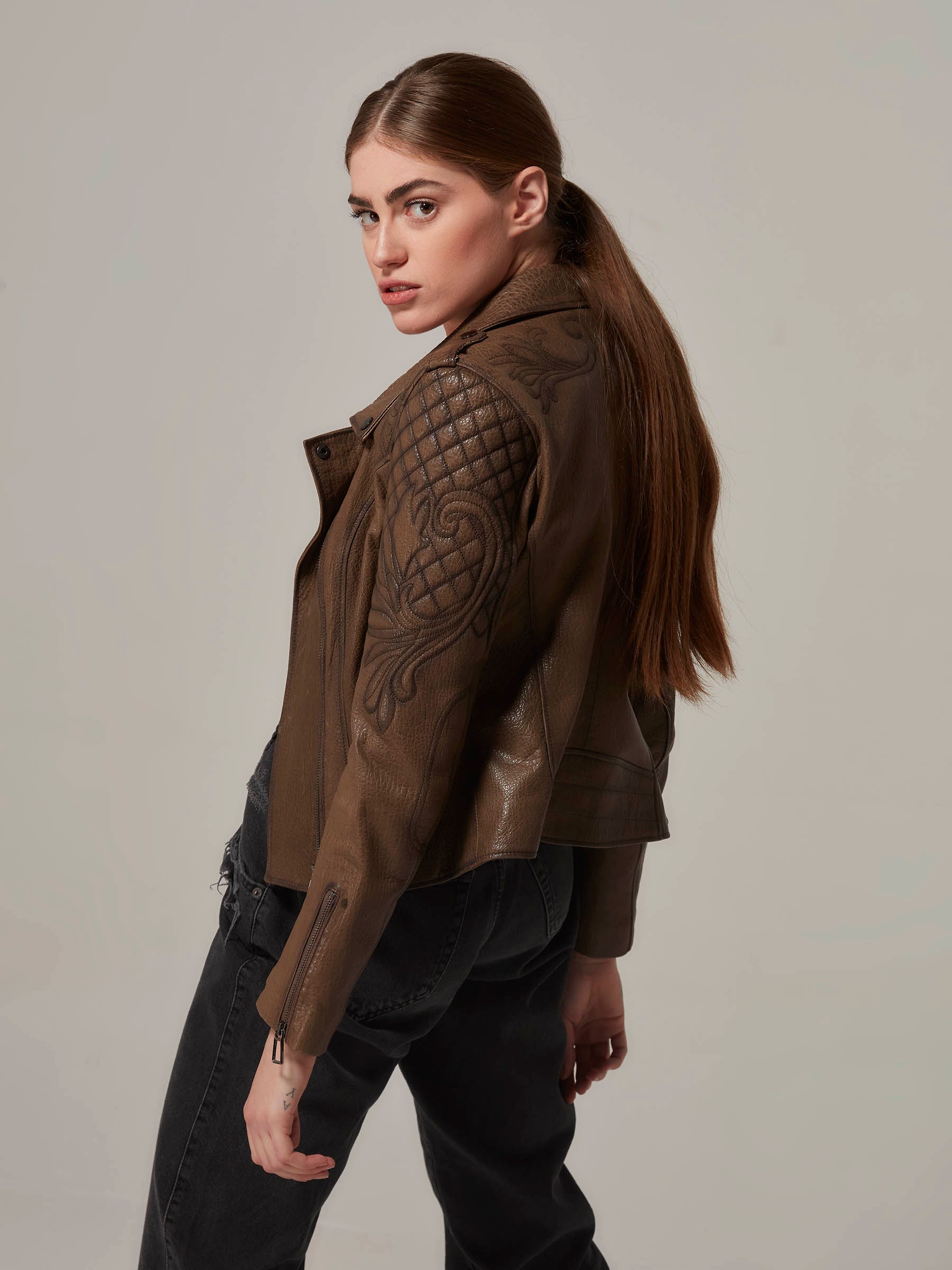 Vintage Brown Leather Jacket with Embroidery and Quilting Details