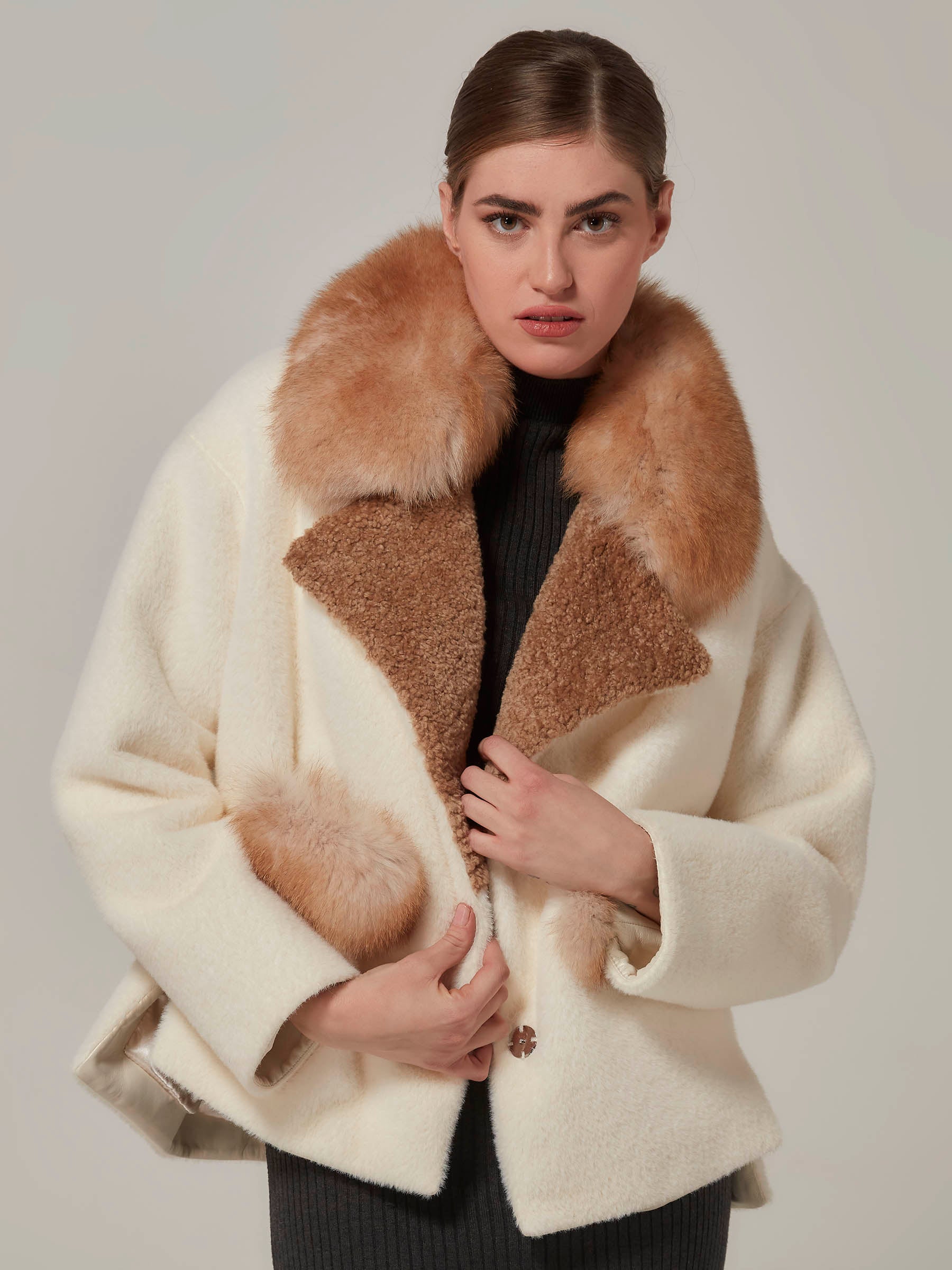 White Alcantara Jacket with Red Fox Fur Collar