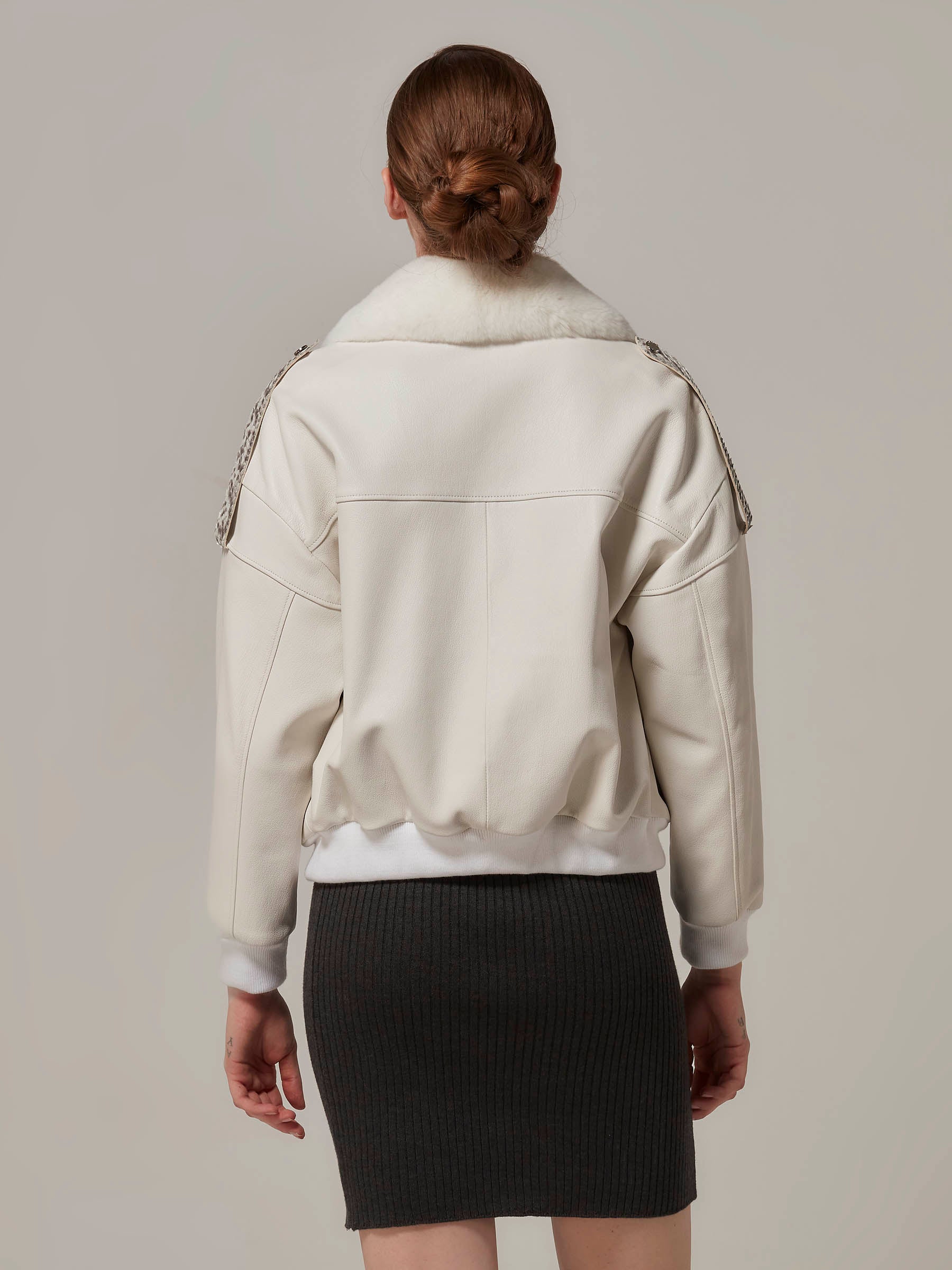 White Leather Bomber Jacket with Rex Fur - Python Details