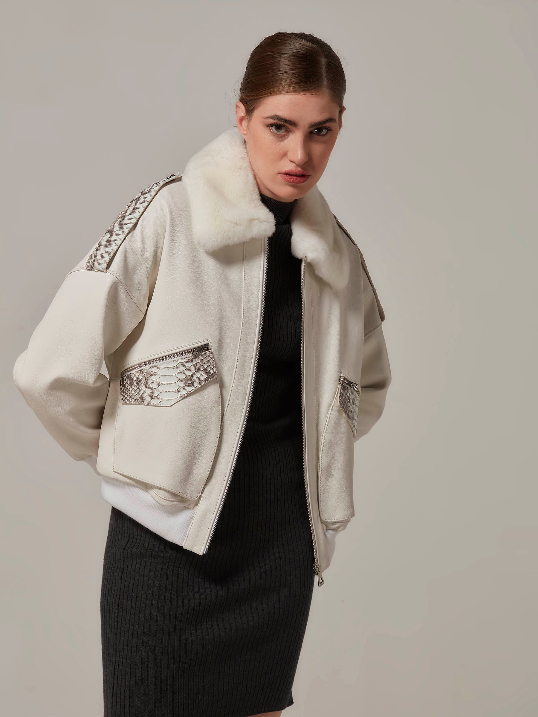 White Leather Bomber Jacket with Rex Fur - Python Details