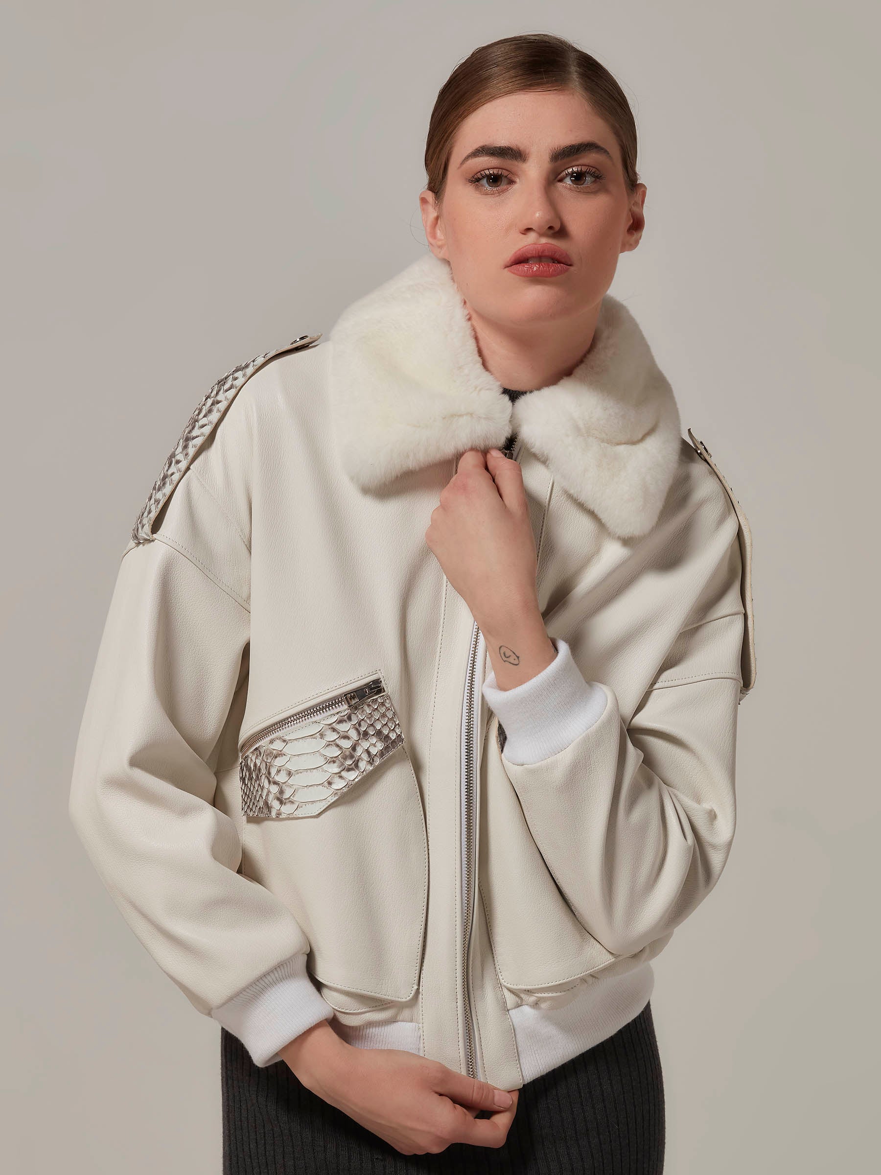 White Leather Bomber Jacket with Rex Fur - Python Details