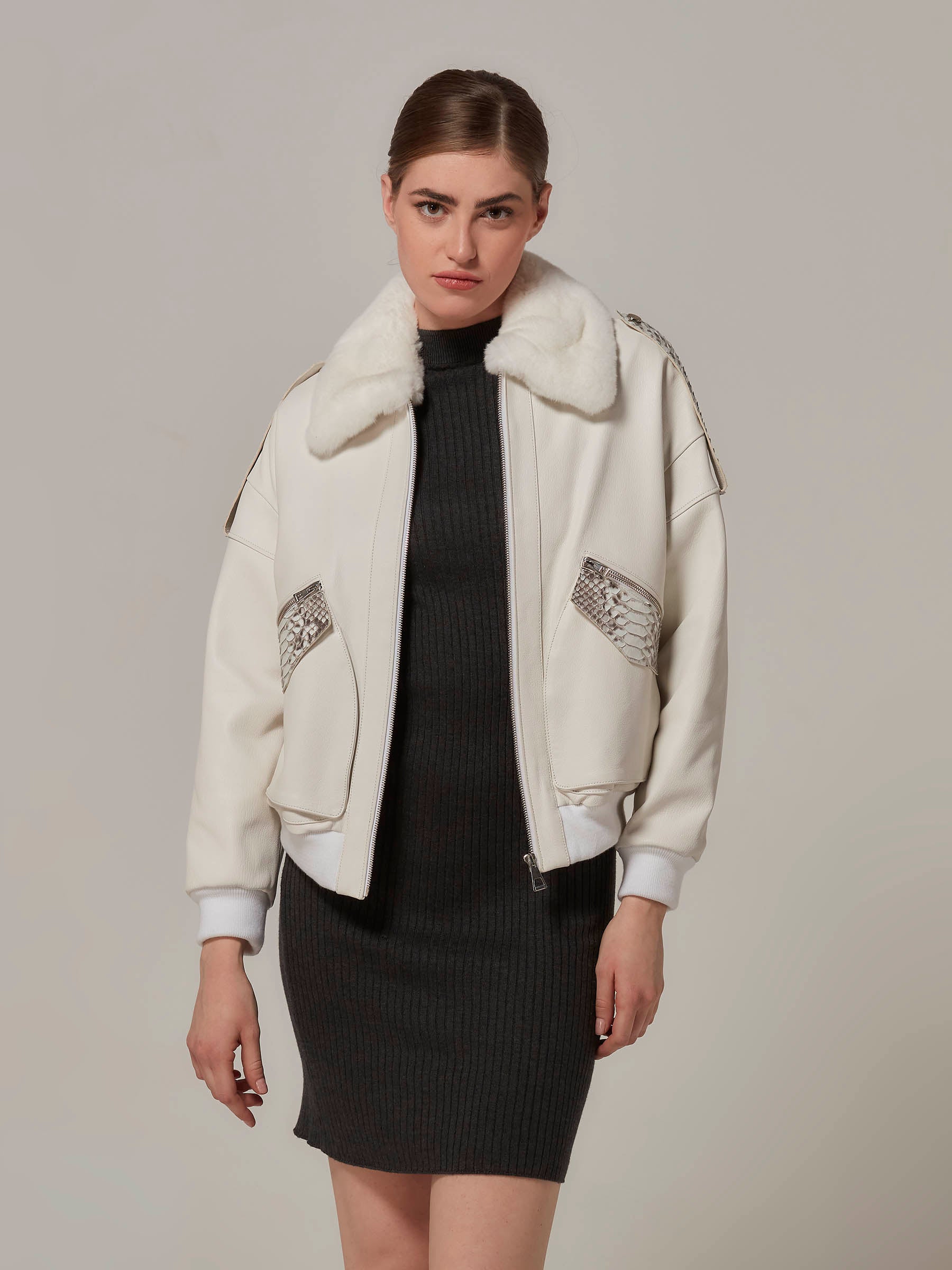 White Leather Bomber Jacket with Rex Fur - Python Details