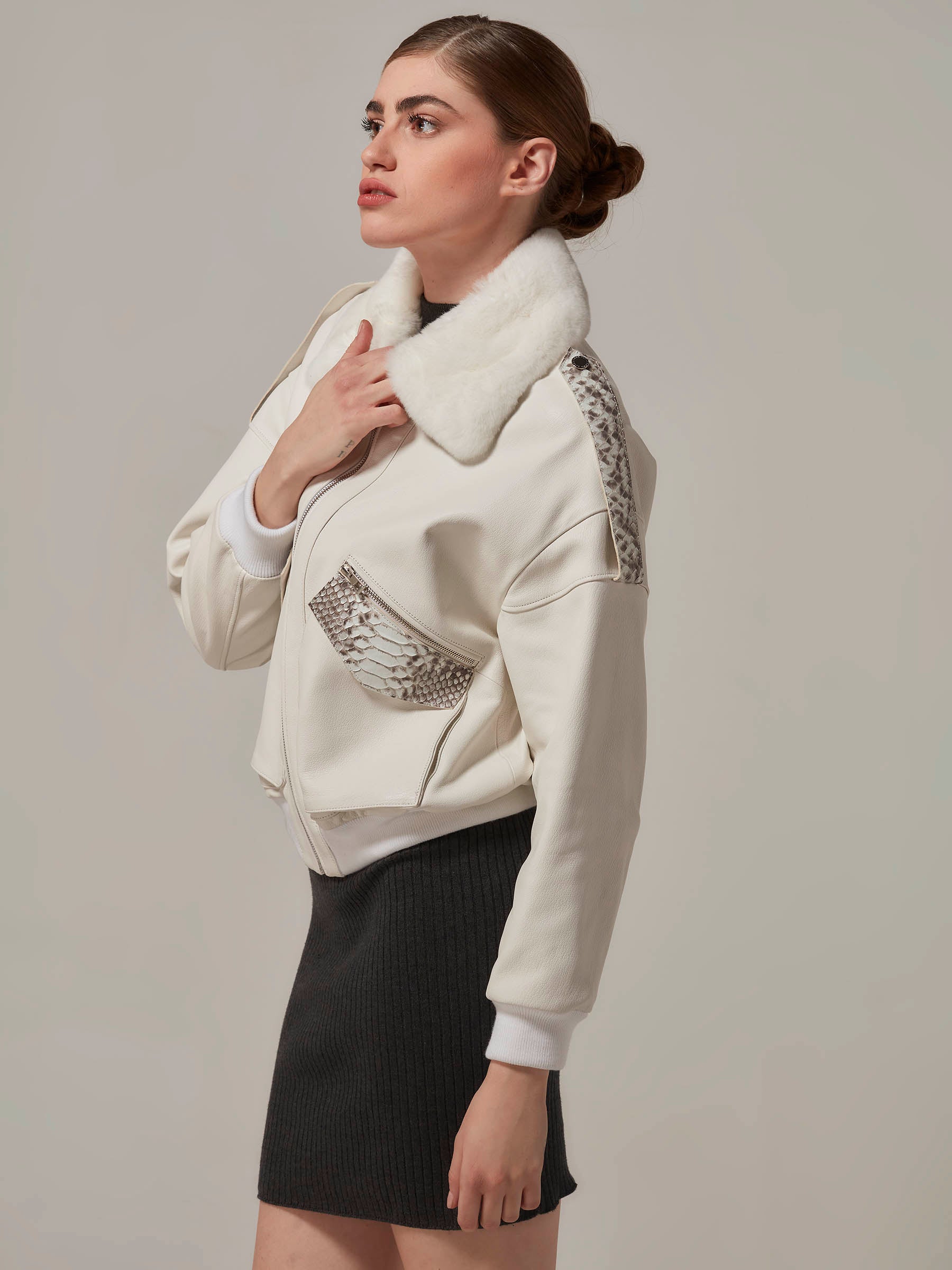 White Leather Bomber Jacket with Rex Fur - Python Details