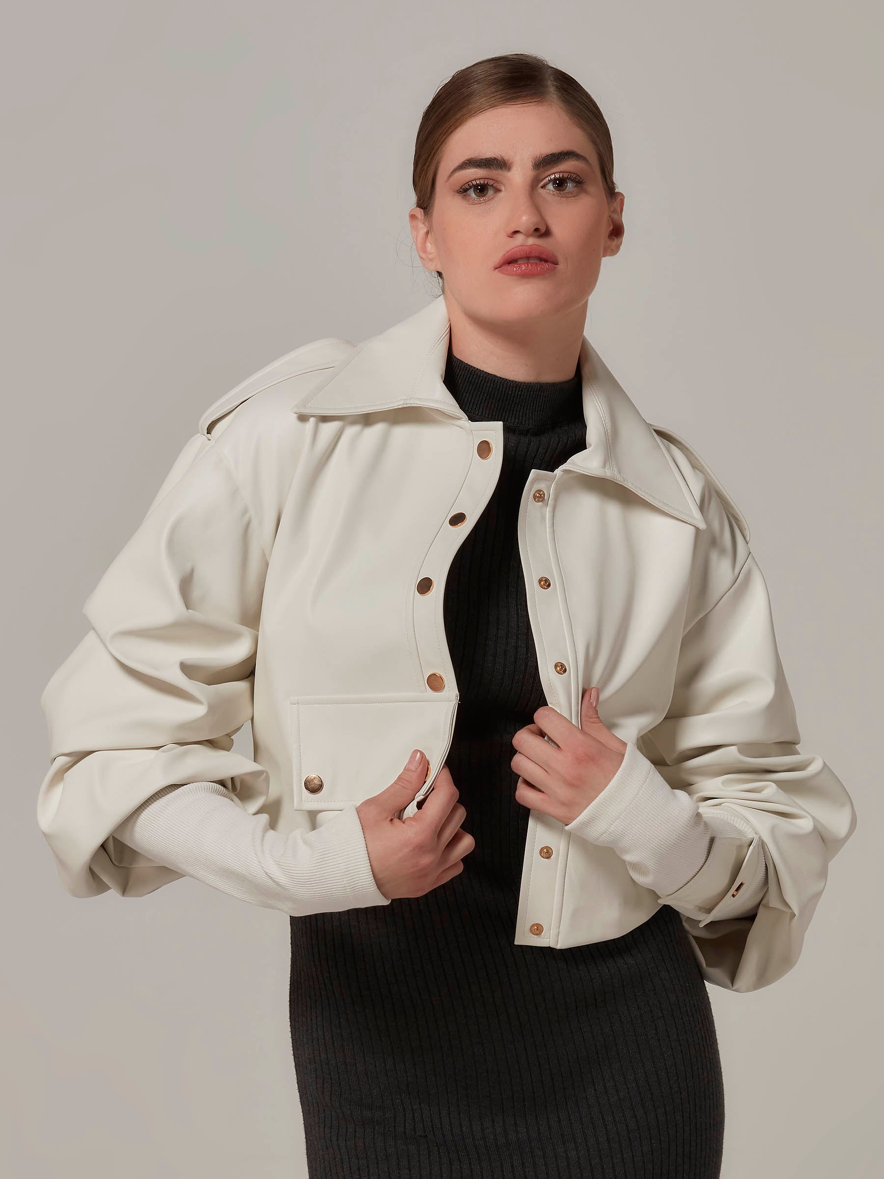 White Cropped Leather Jacket with Shirred Sleeve GORGONS