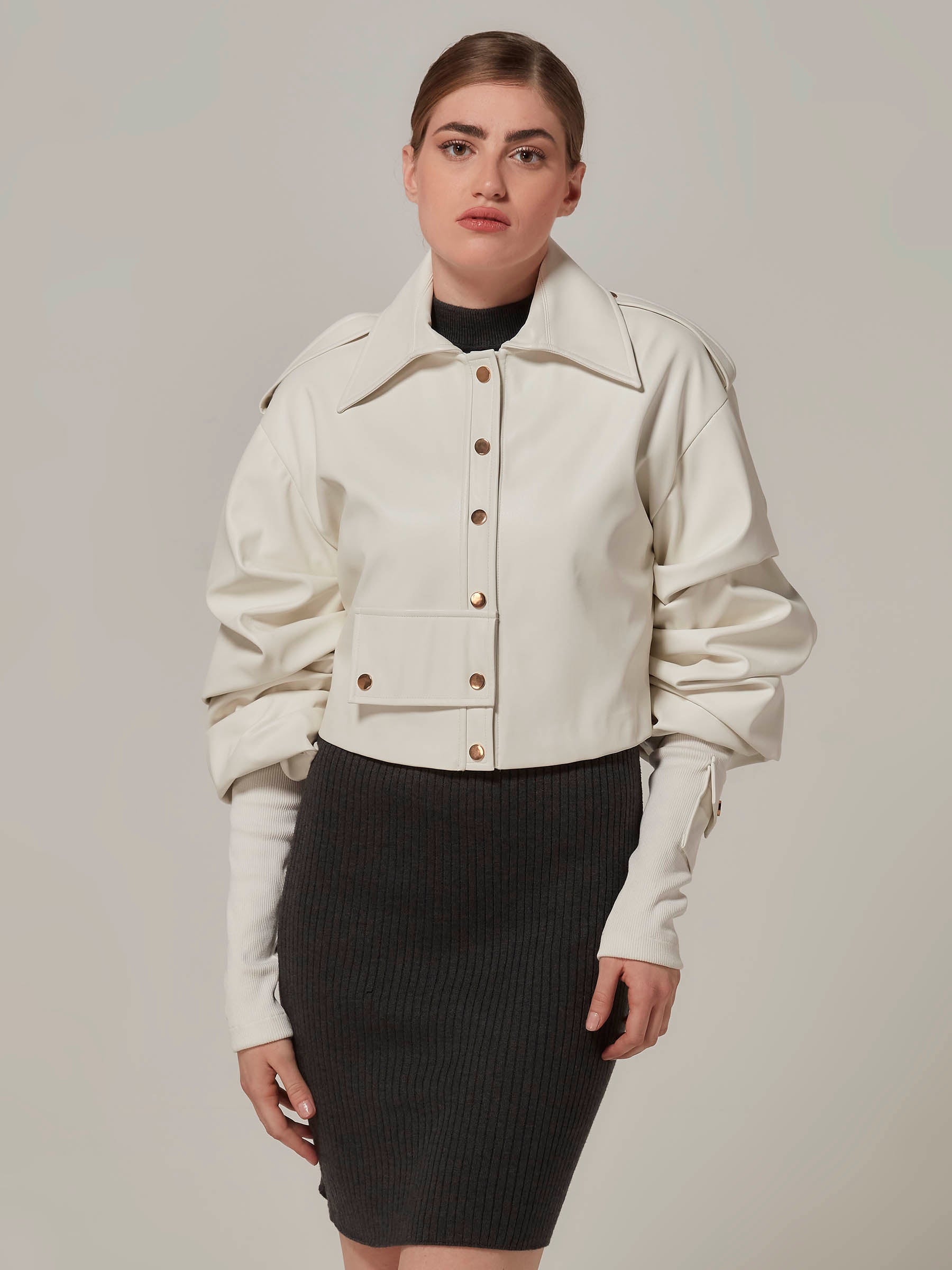 White Cropped Leather Jacket with Shirred Sleeve