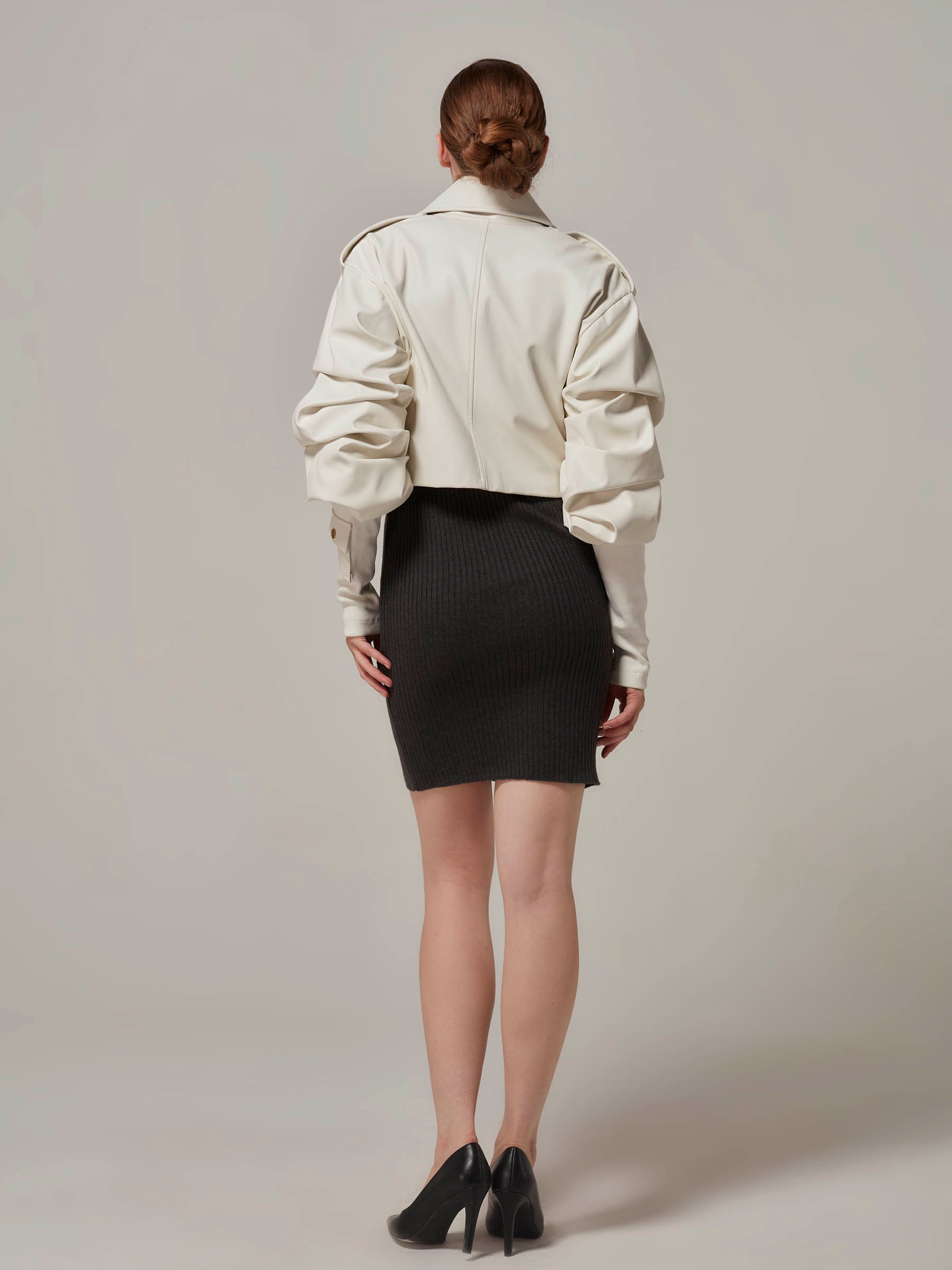 White Cropped Leather Jacket with Shirred Sleeve