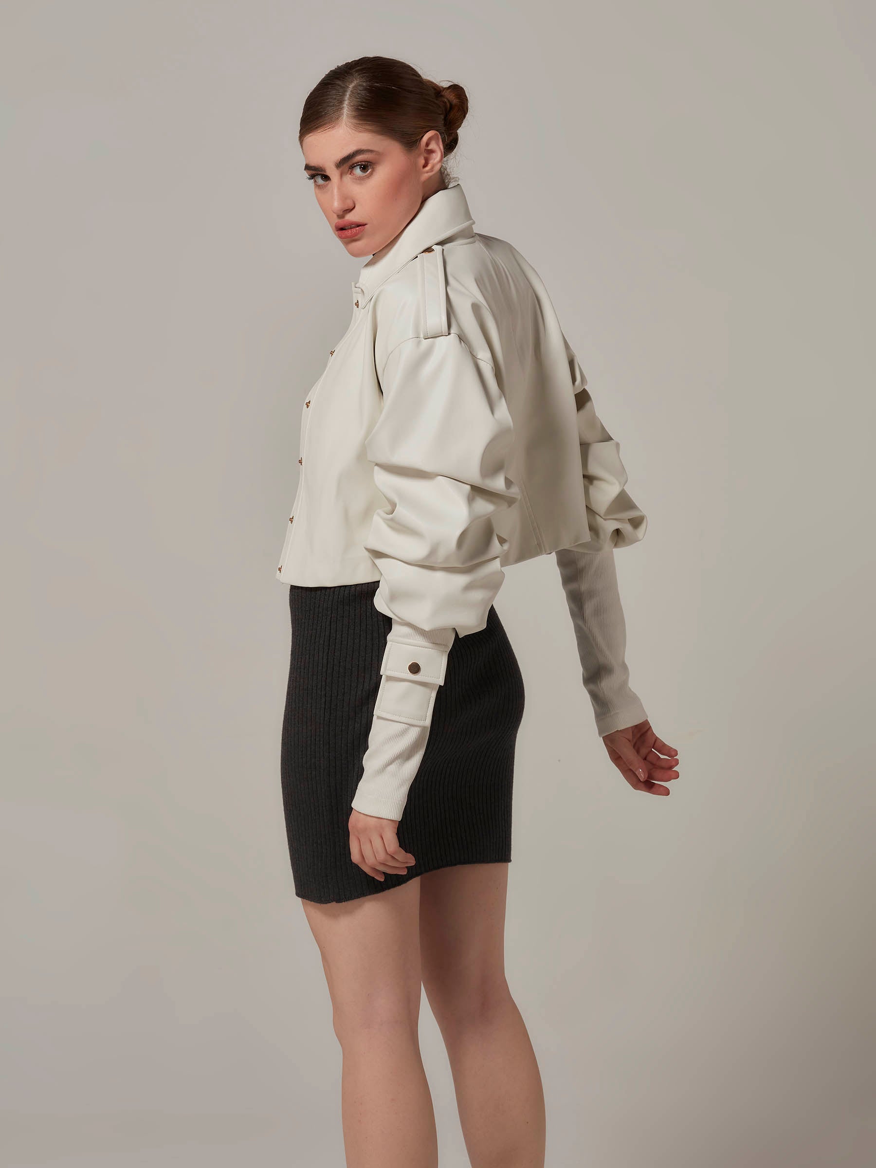 White Cropped Leather Jacket with Shirred Sleeve