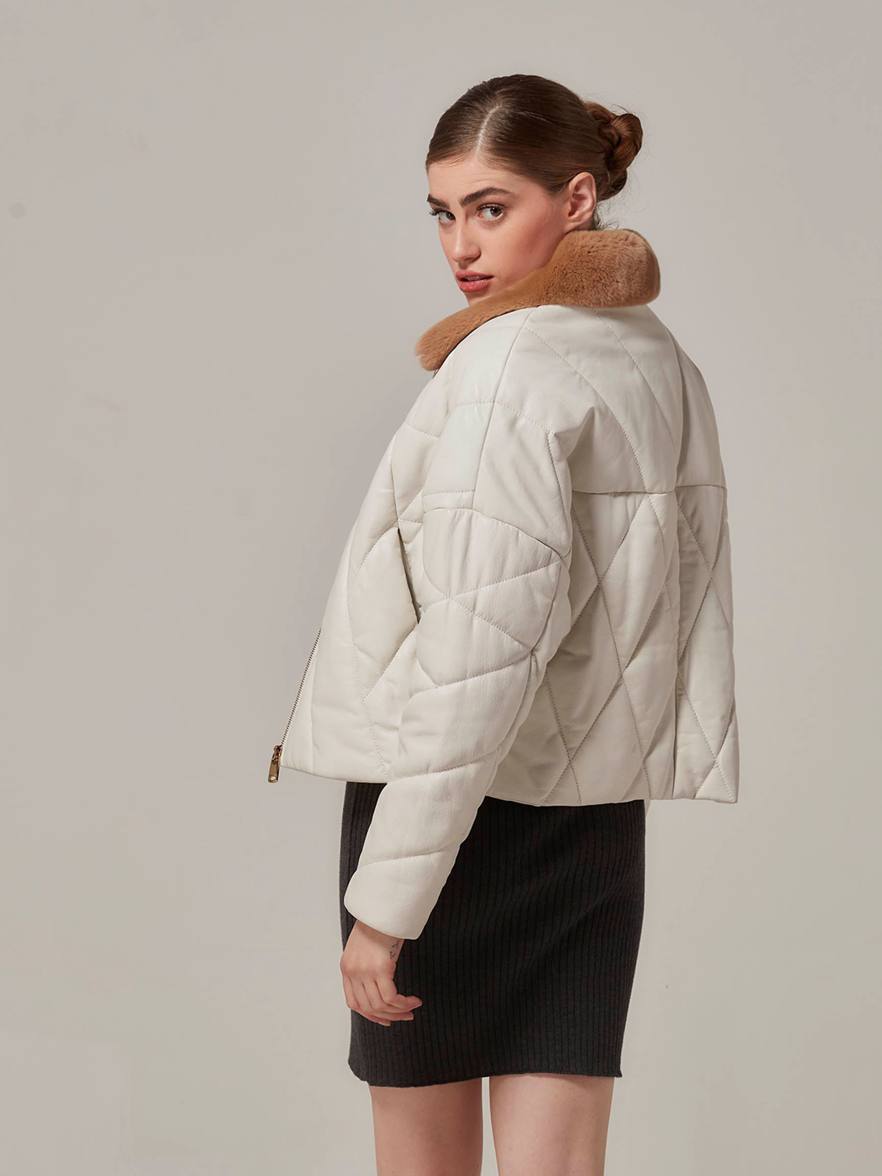 Matte White Leather Puffer Jacket with Rex Fur Collar back pose