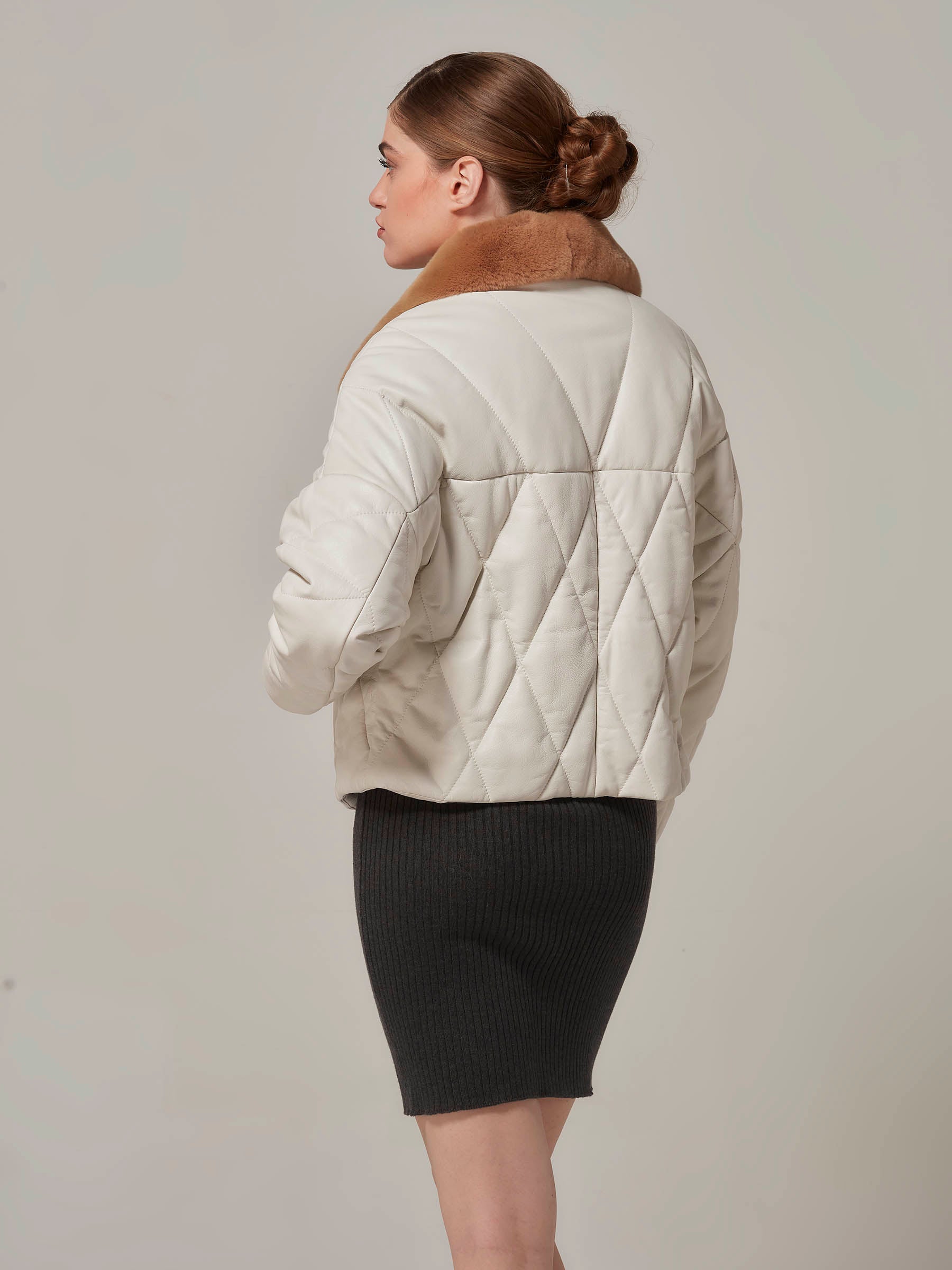 Matte White Leather Puffer Jacket with Rex Fur Collar back pose