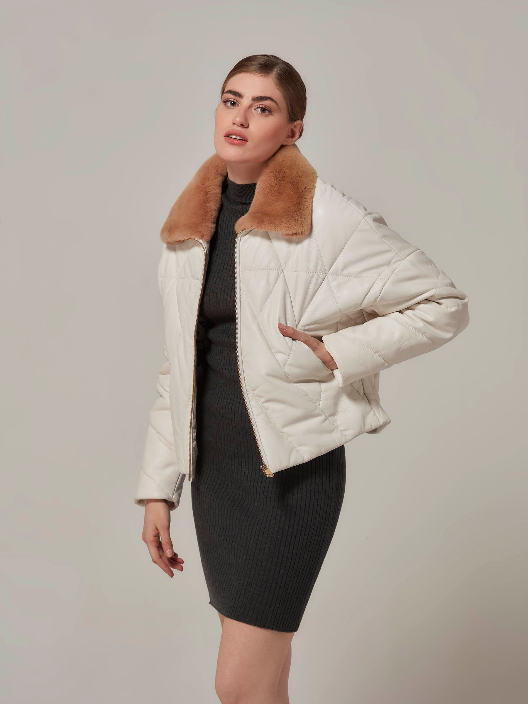 Matte White Leather Puffer Jacket with Rex Fur Collar front full length