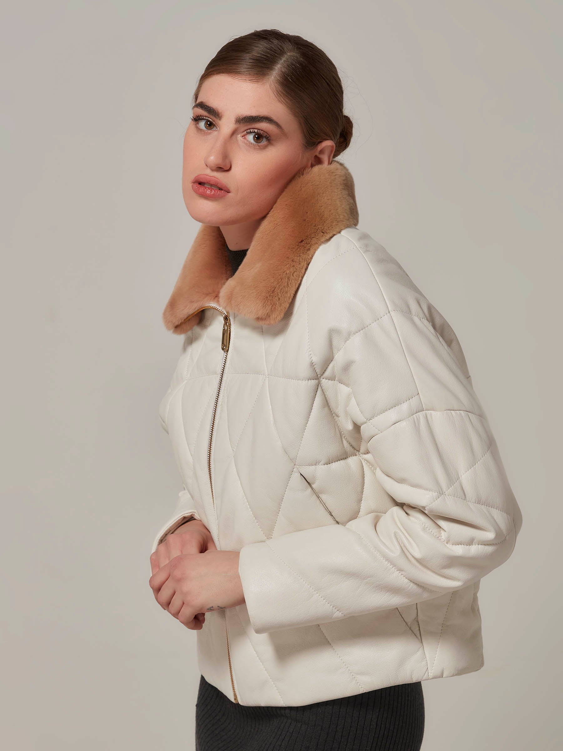 Matte White Leather Puffer Jacket with Rex Fur Collar front