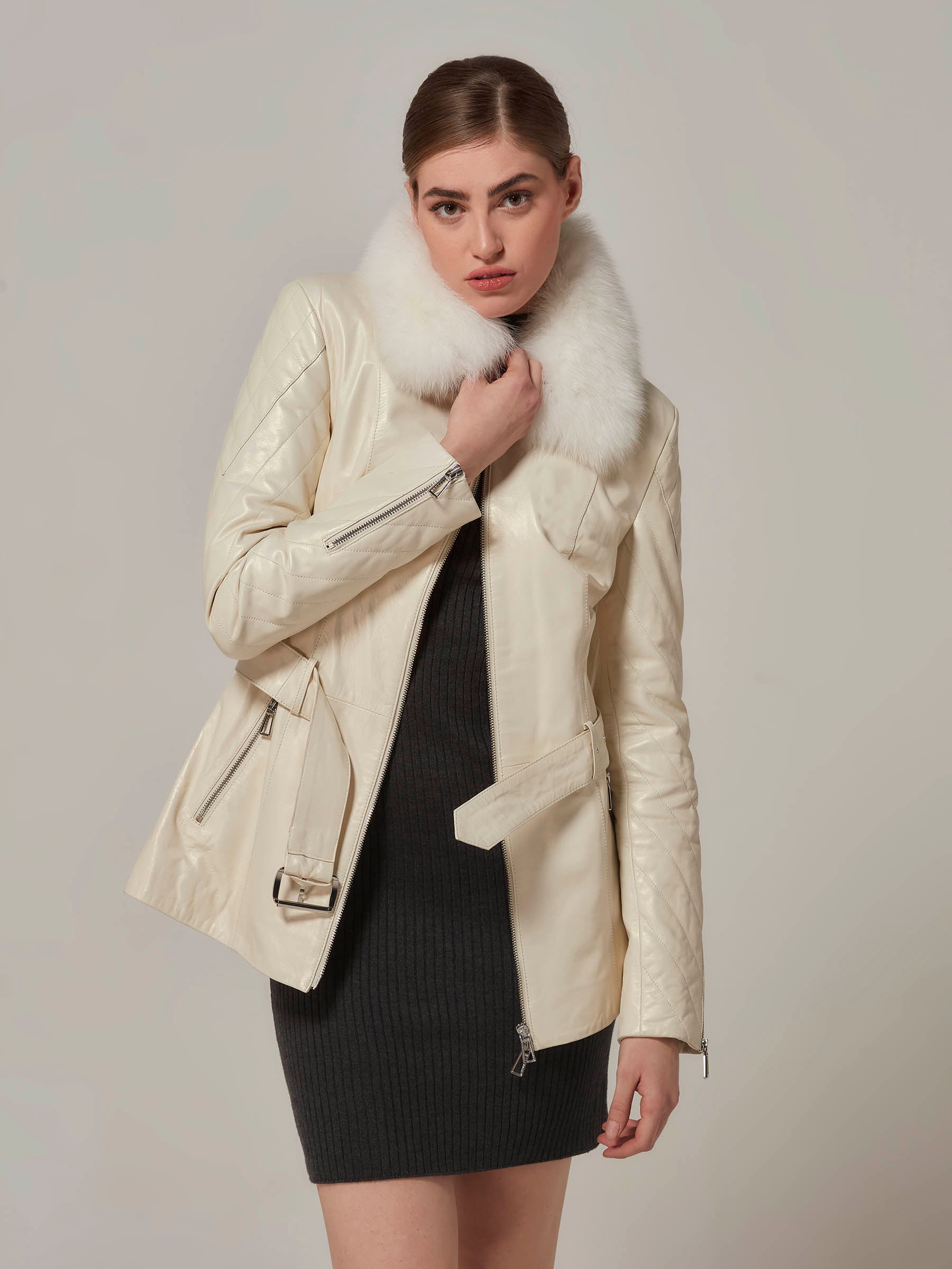 White Leather Motorcycle Jacket with Fox Fur Collar