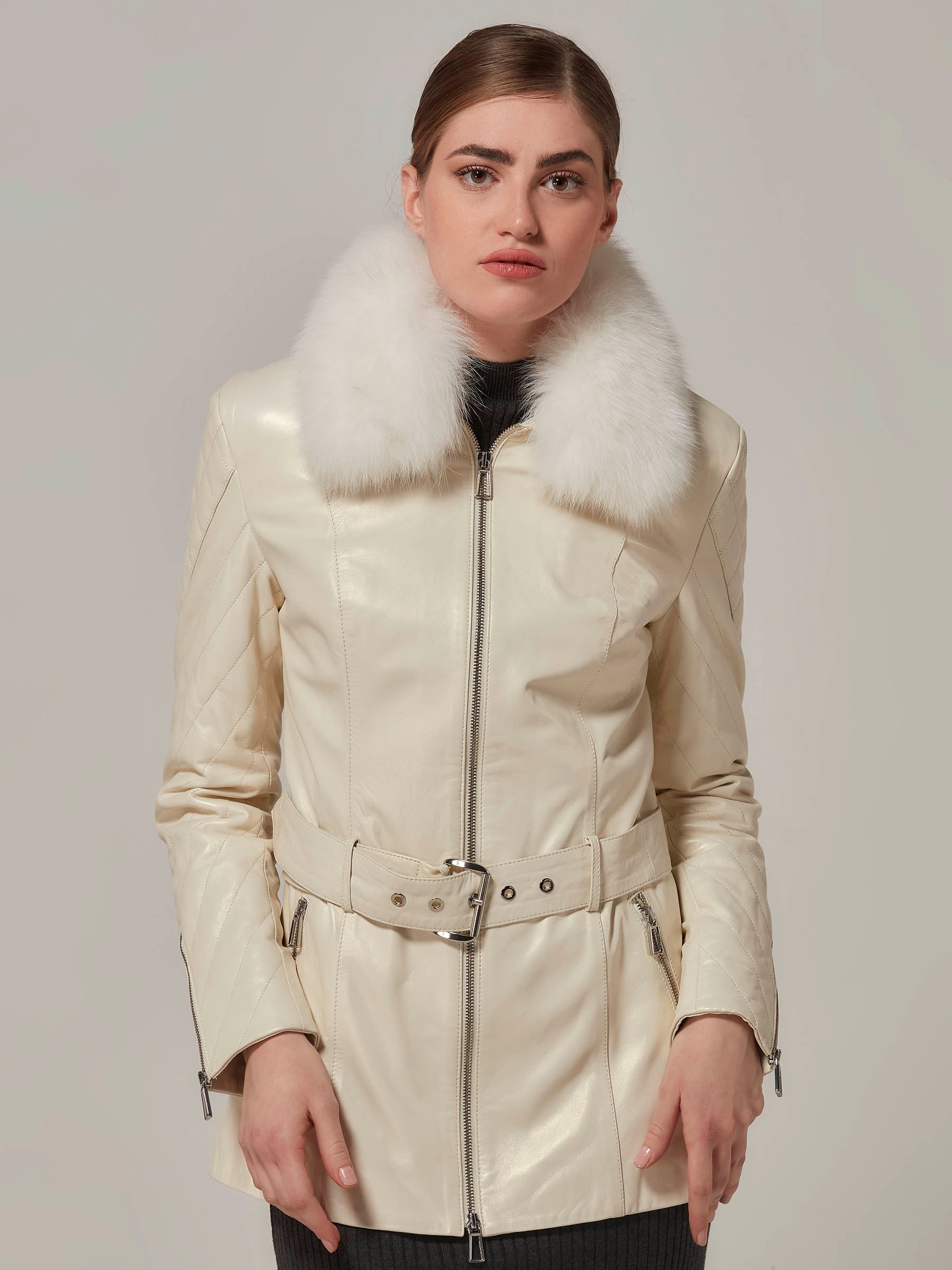 White Leather Motorcycle Jacket with Fox Fur Collar