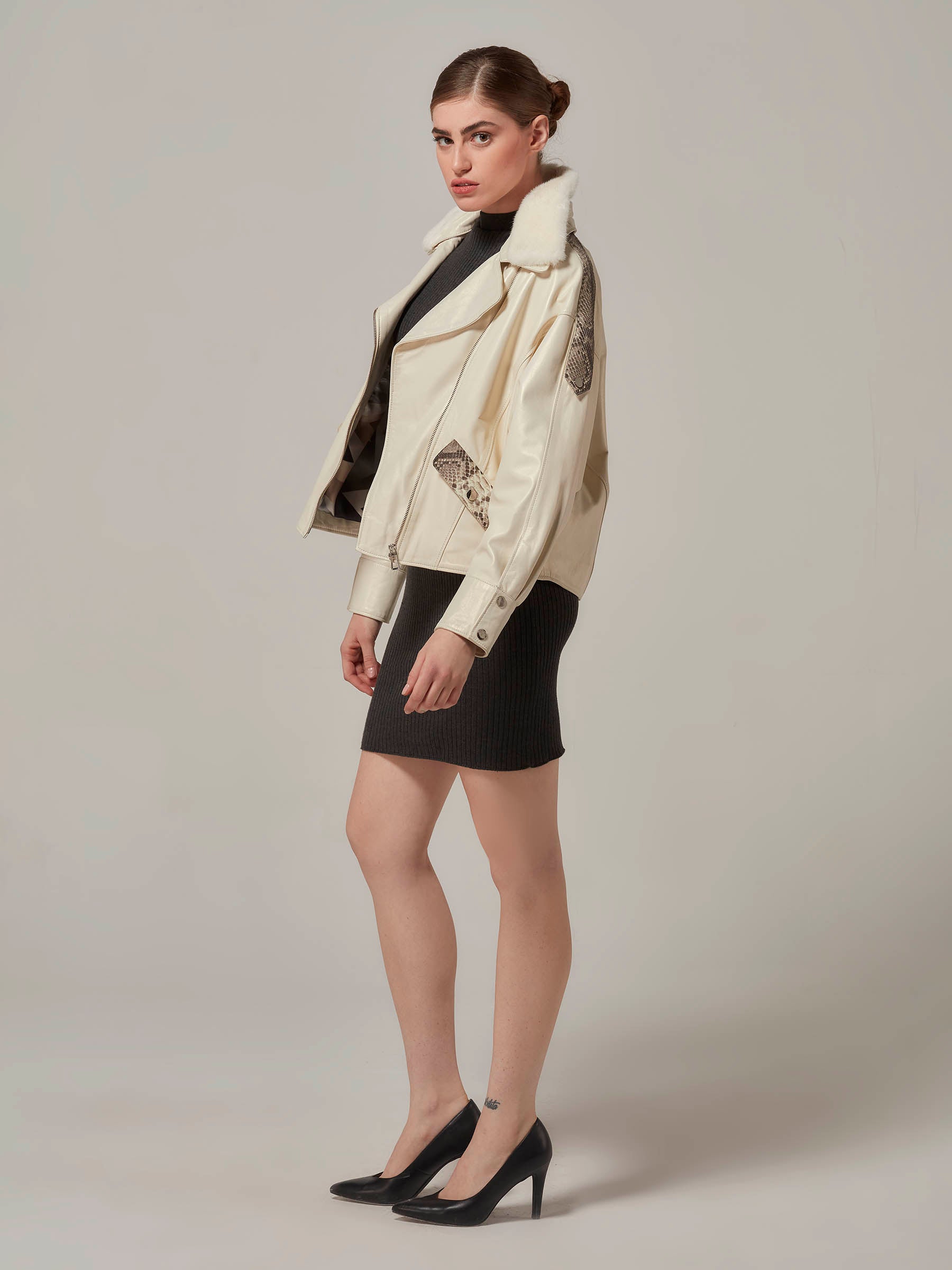 White Oversized Leather Motorcycle Jacket with Mink Fur Collar - Python Details