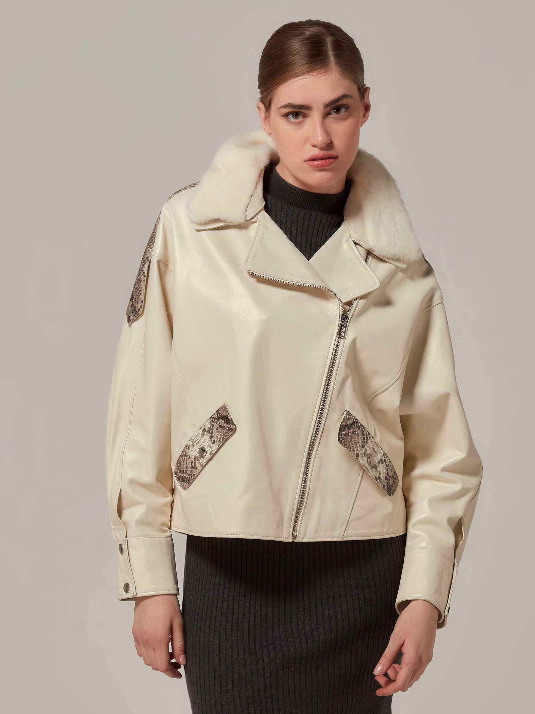 White Oversized Leather Motorcycle Jacket with Mink Fur Collar - Python Details