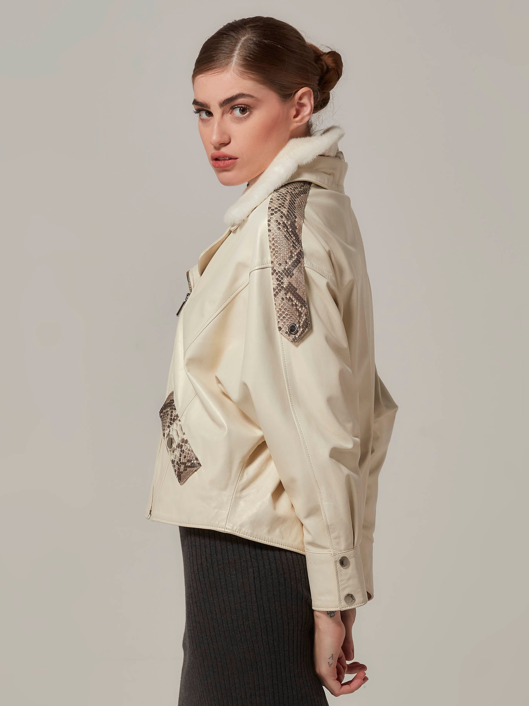 White Oversized Leather Motorcycle Jacket with Mink Fur Collar - Python Details