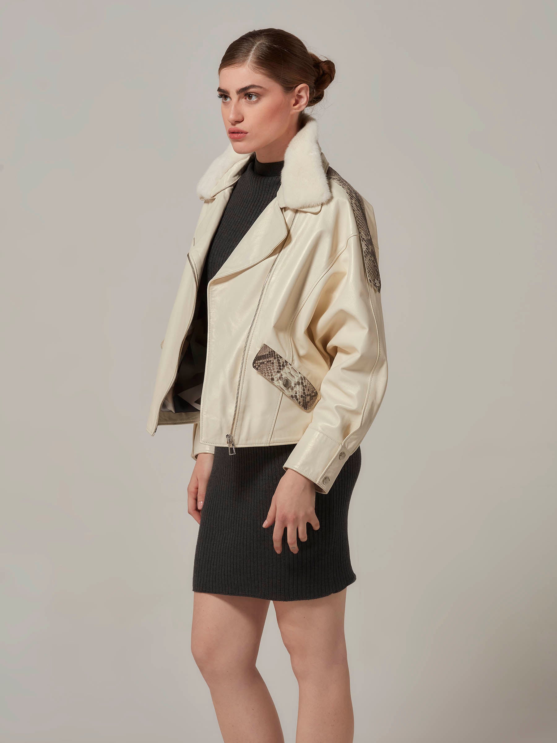 White Oversized Leather Motorcycle Jacket with Mink Fur Collar - Python Details