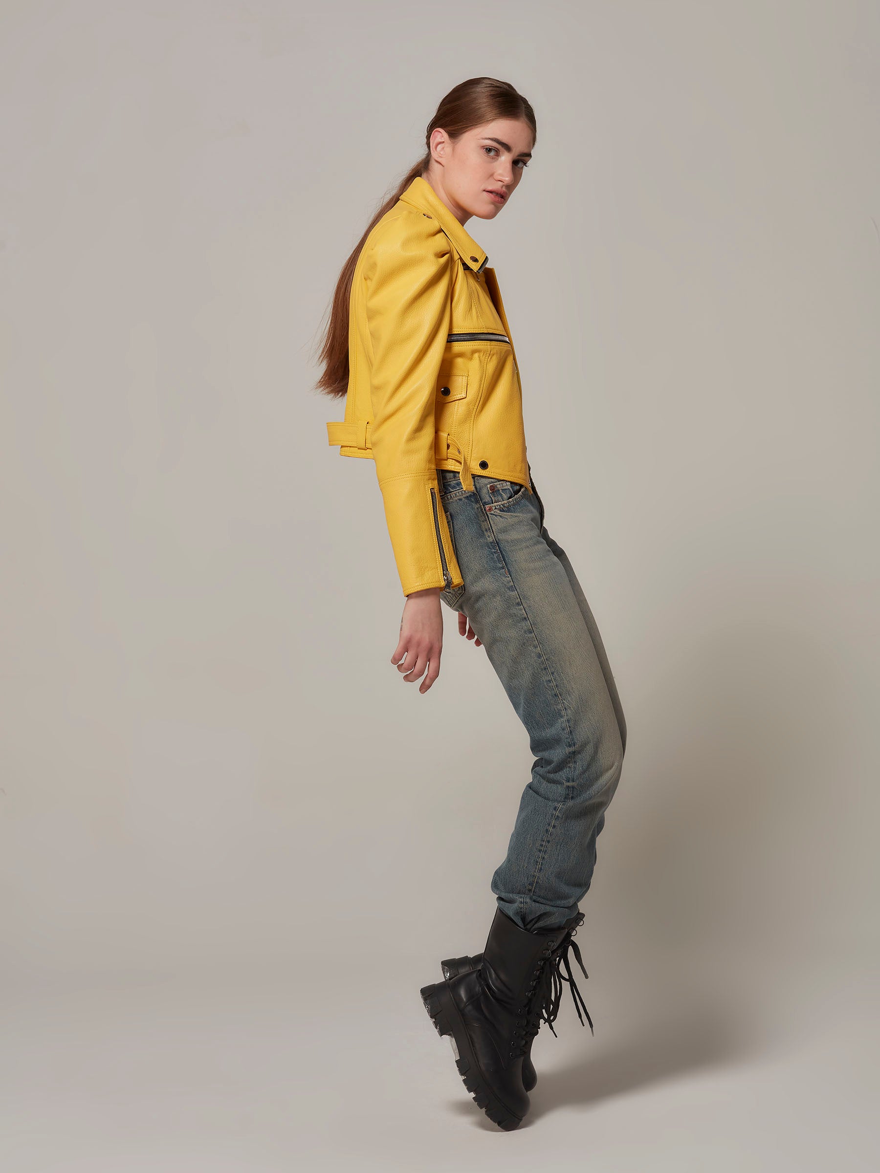 Yellow Cropped Leather Motorcycle Jacket Puffy Shoulders - Rock & Roll Royalty