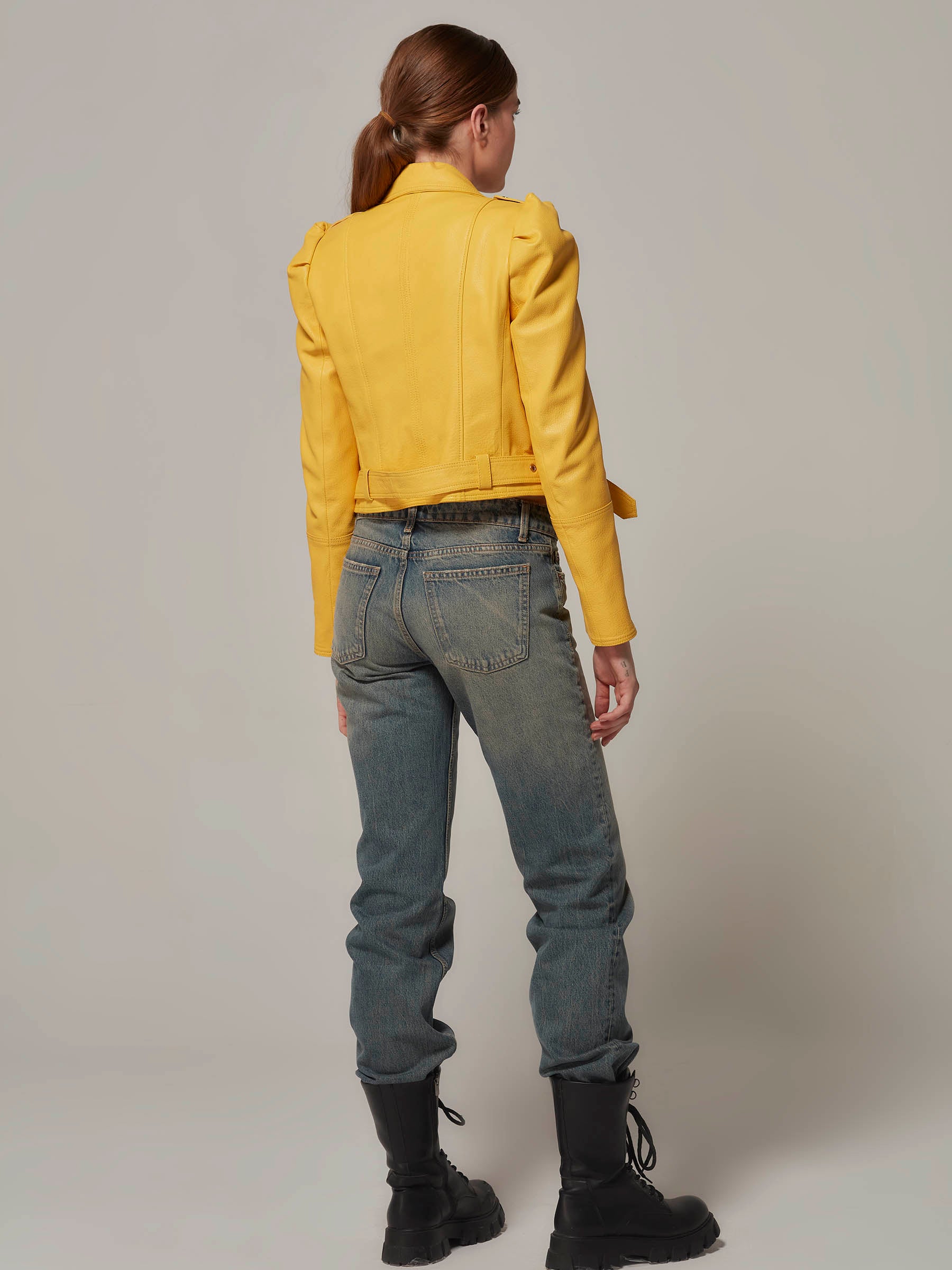 Yellow Cropped Leather Motorcycle Jacket Puffy Shoulders - Rock & Roll Royalty