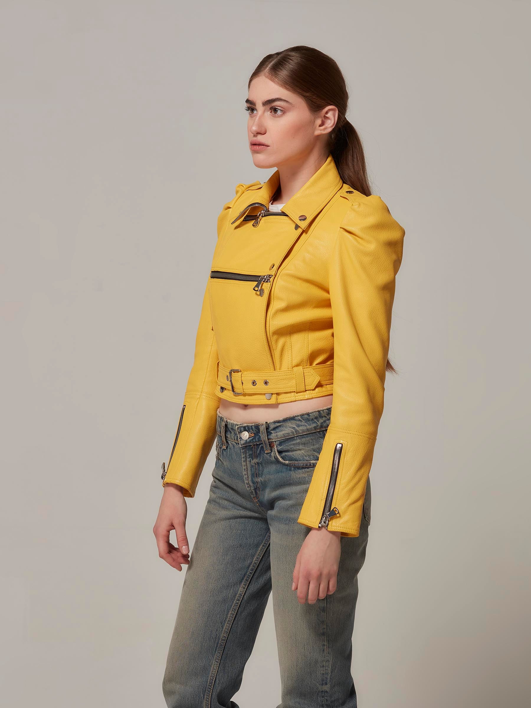 Yellow Cropped Leather Motorcycle Jacket Puffy Shoulders - Rock & Roll Royalty