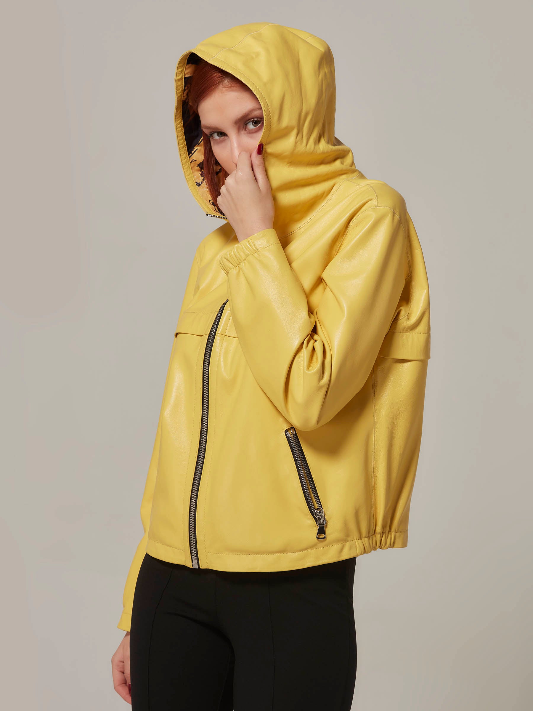 Yellow Double Sided Leather Jacket with Hood