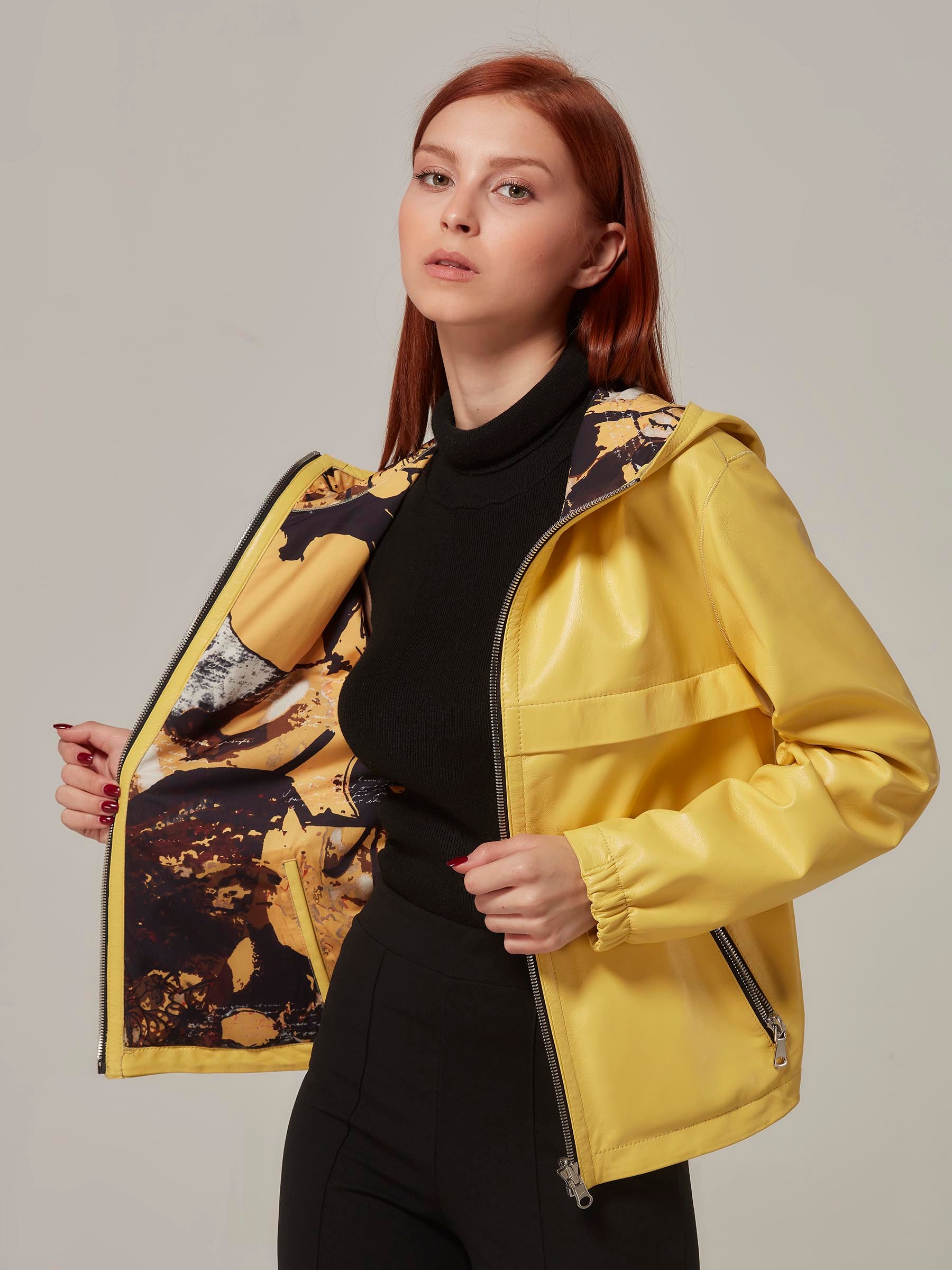 Yellow Double Sided Leather Jacket with Hood