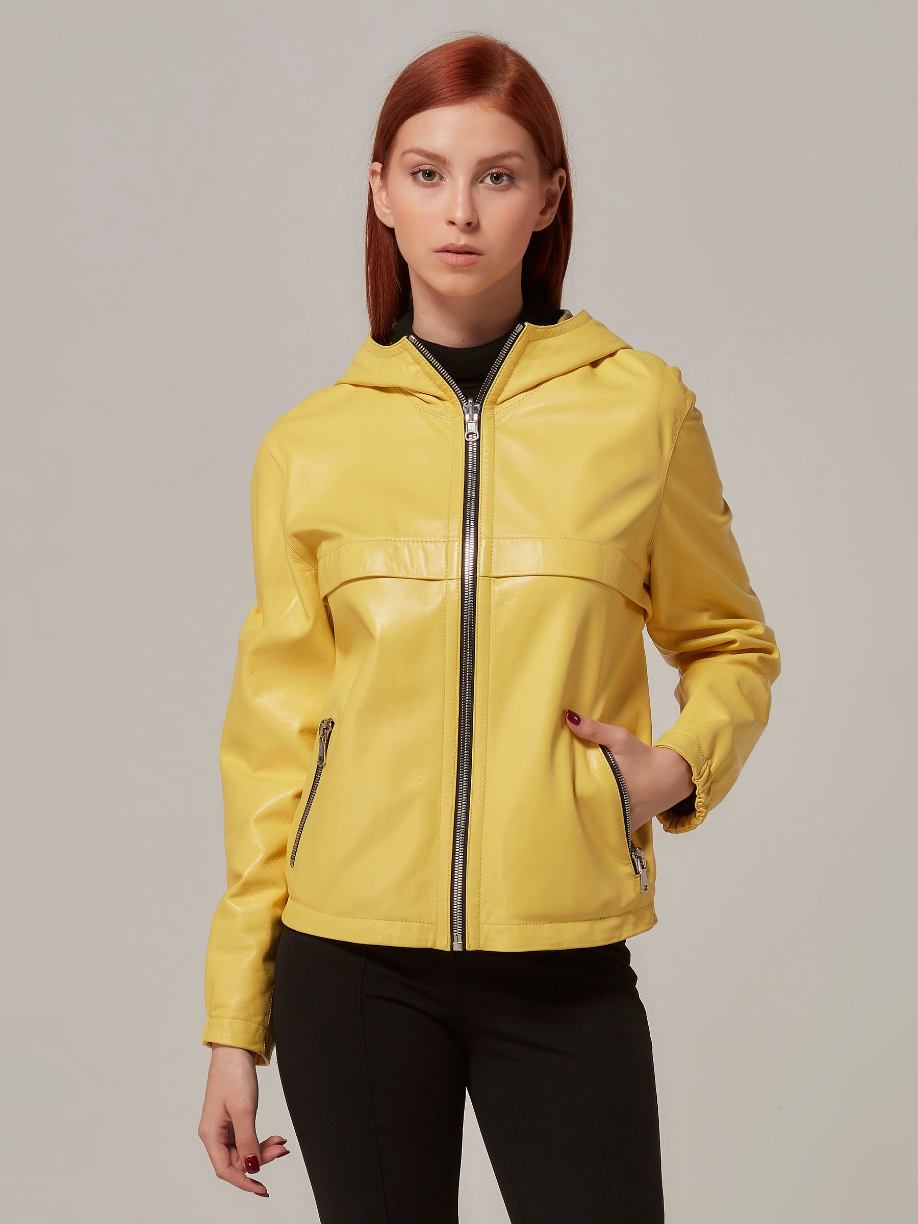 Yellow Double Sided Leather Jacket with Hood