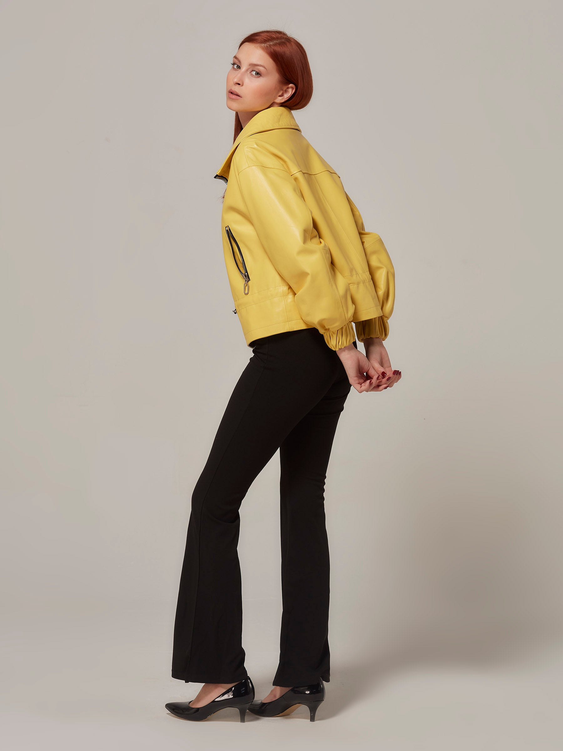 Yellow Leather Jacket with Elastic Cuff and Belt