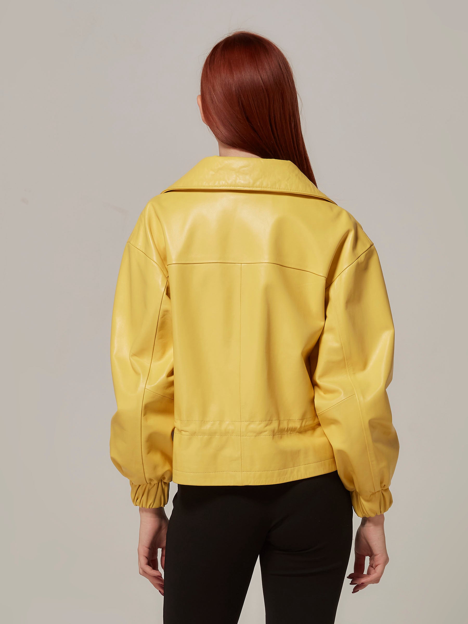 Yellow Leather Jacket with Elastic Cuff and Belt