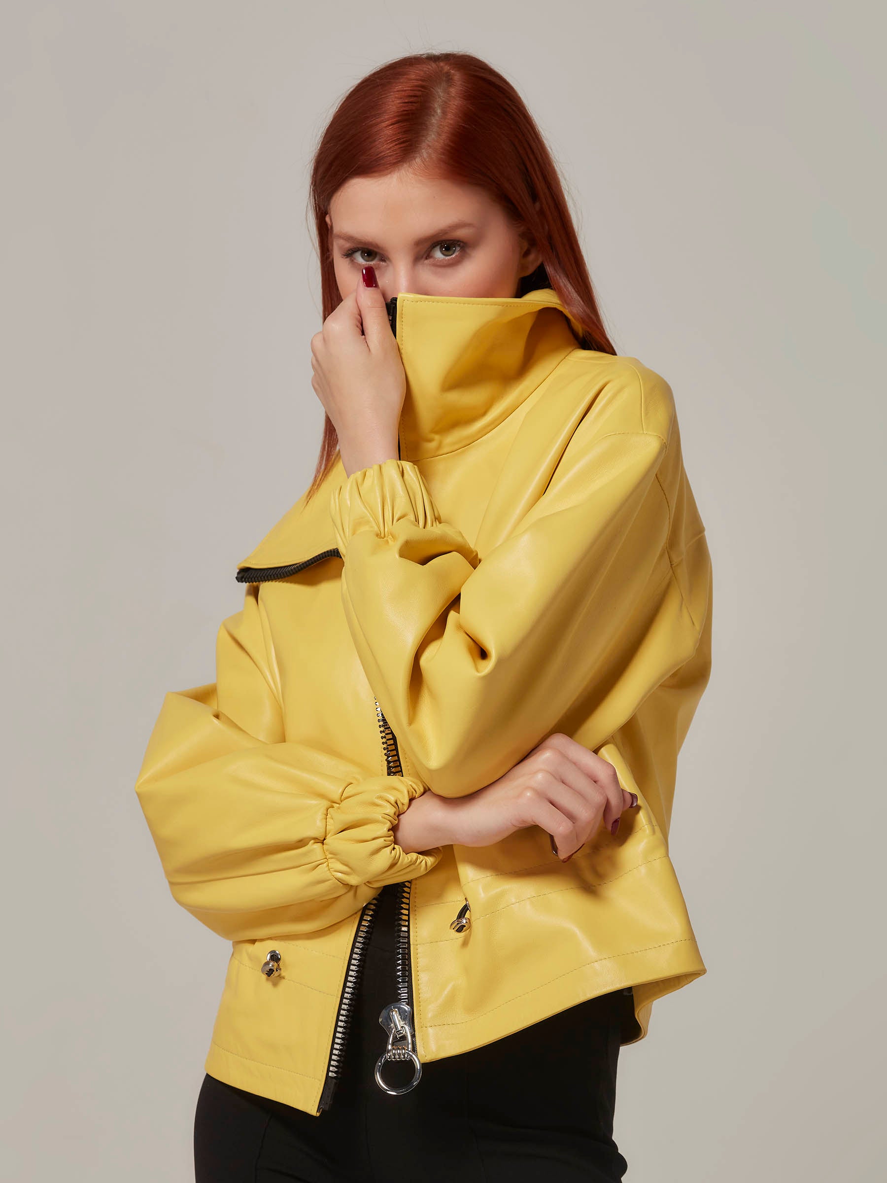 Yellow Leather Jacket with Elastic Cuff and Belt