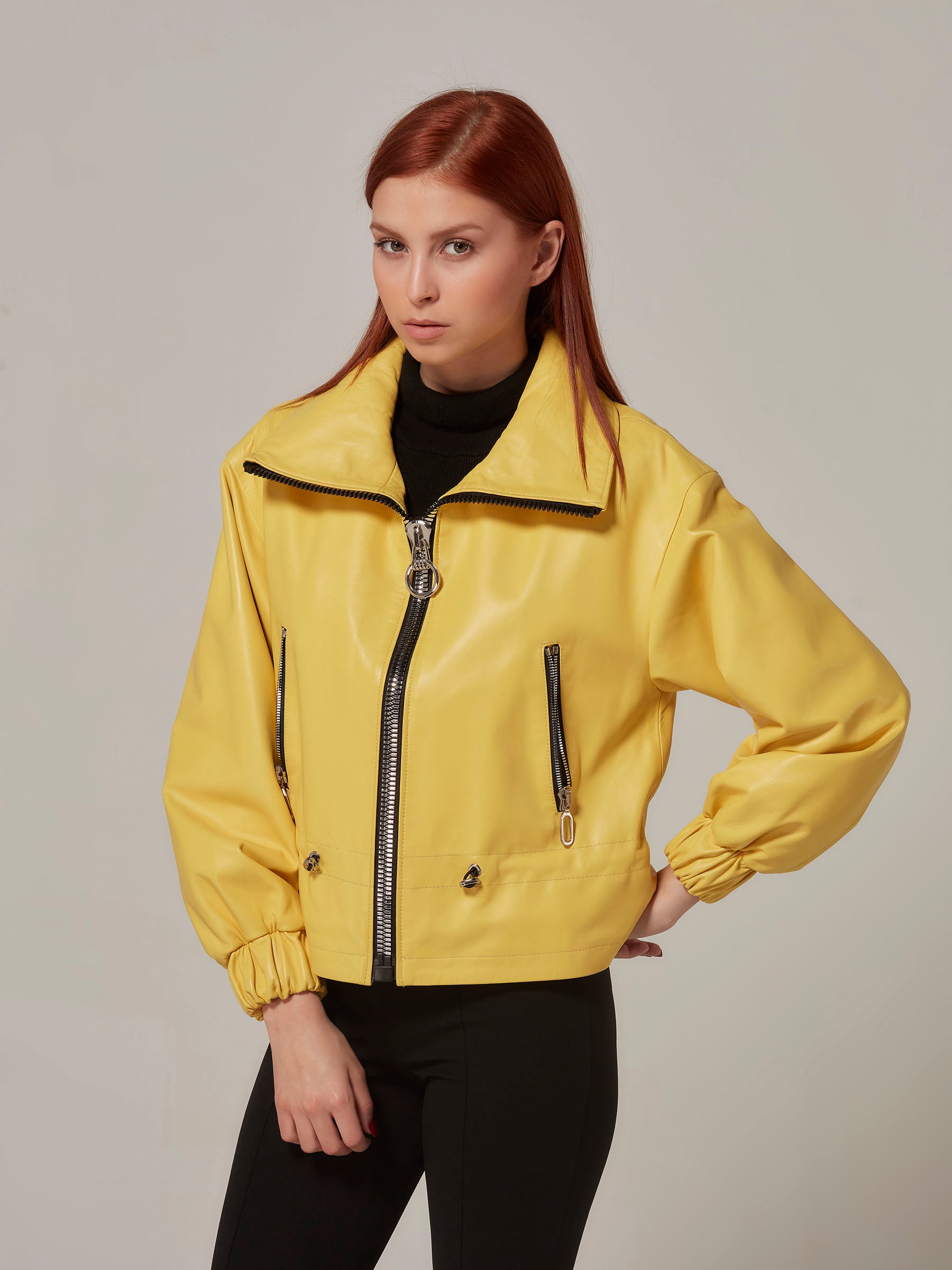 Yellow Leather Jacket with Elastic Cuff and Belt