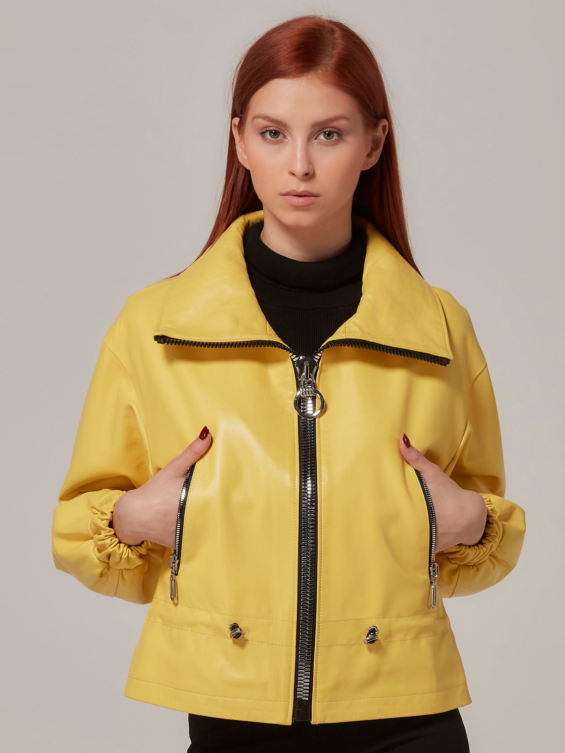 Yellow Leather Jacket with Elastic Cuff and Belt