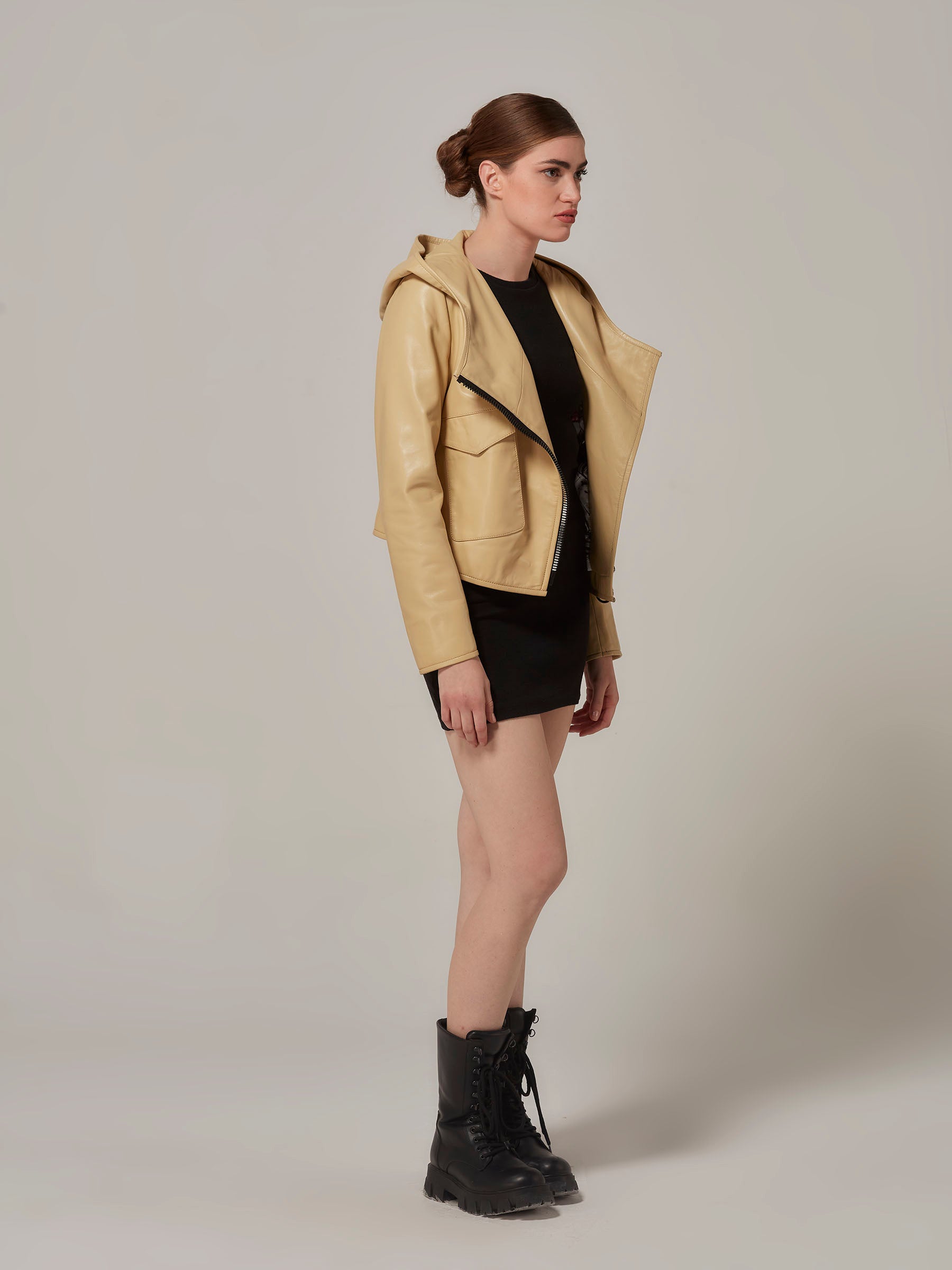 Yellow Leather Jacket with Hood - Minimalist Design