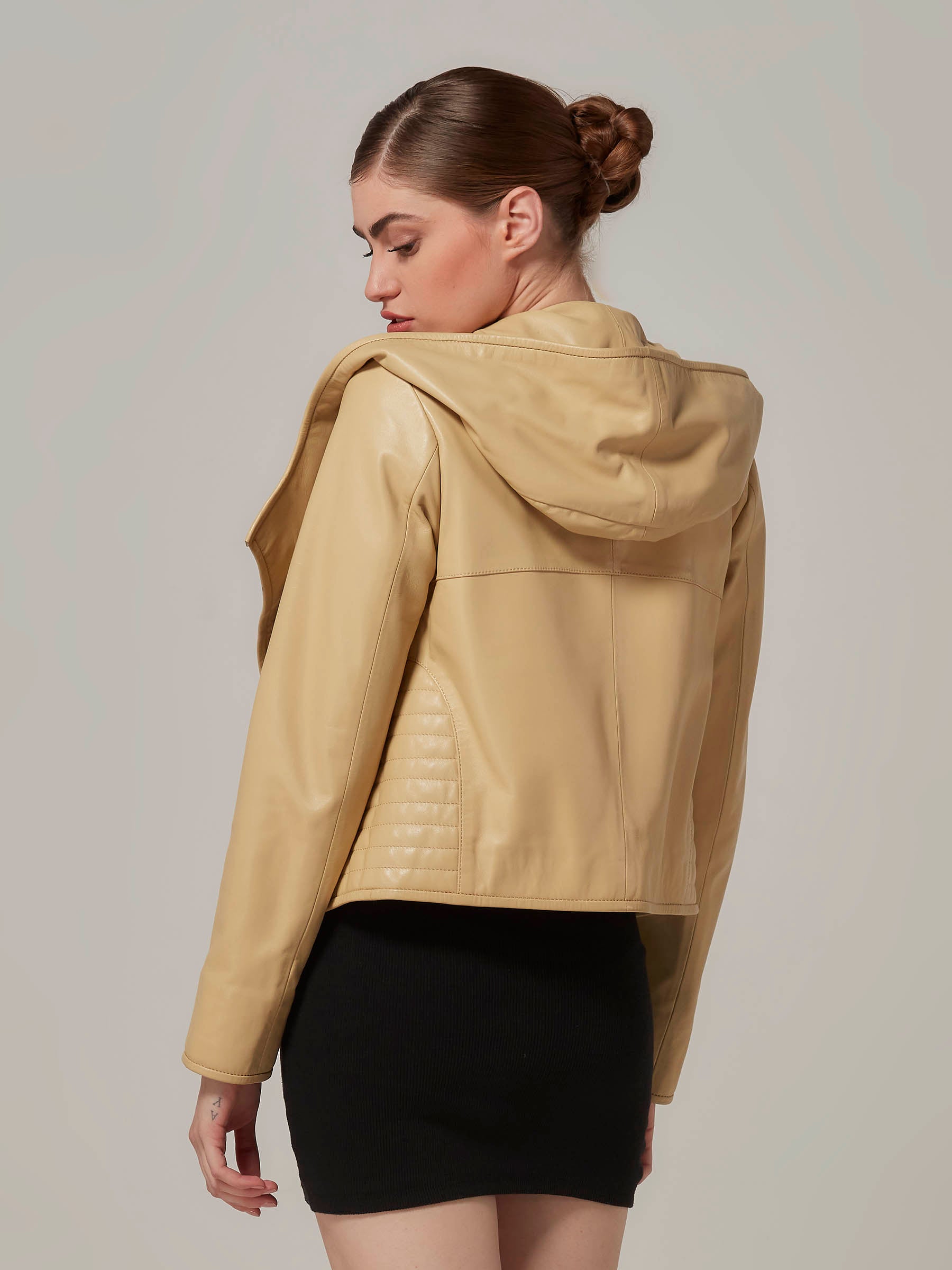 Yellow Leather Jacket with Hood - Minimalist Design