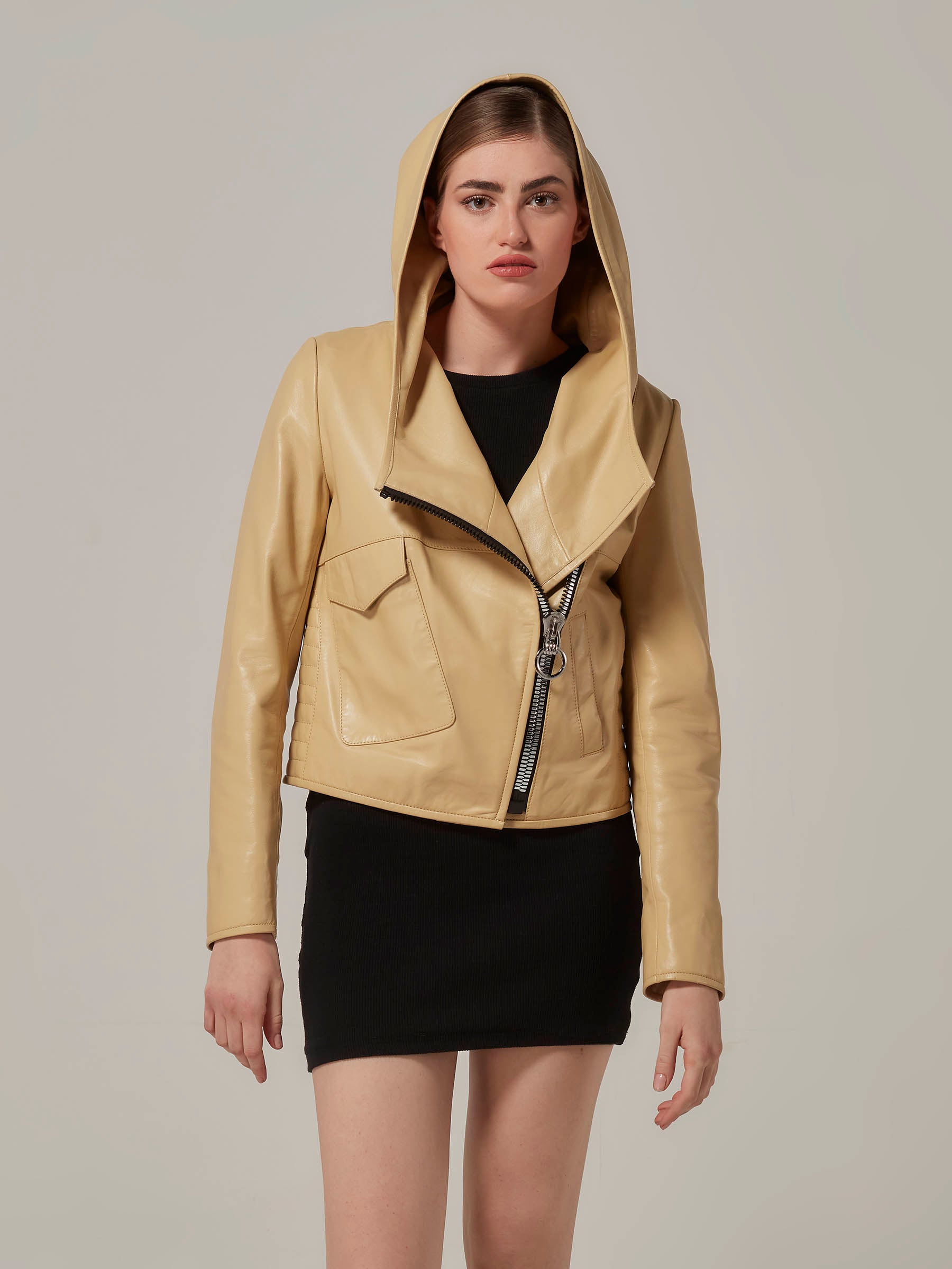 Yellow Leather Jacket with Hood - Minimalist Design