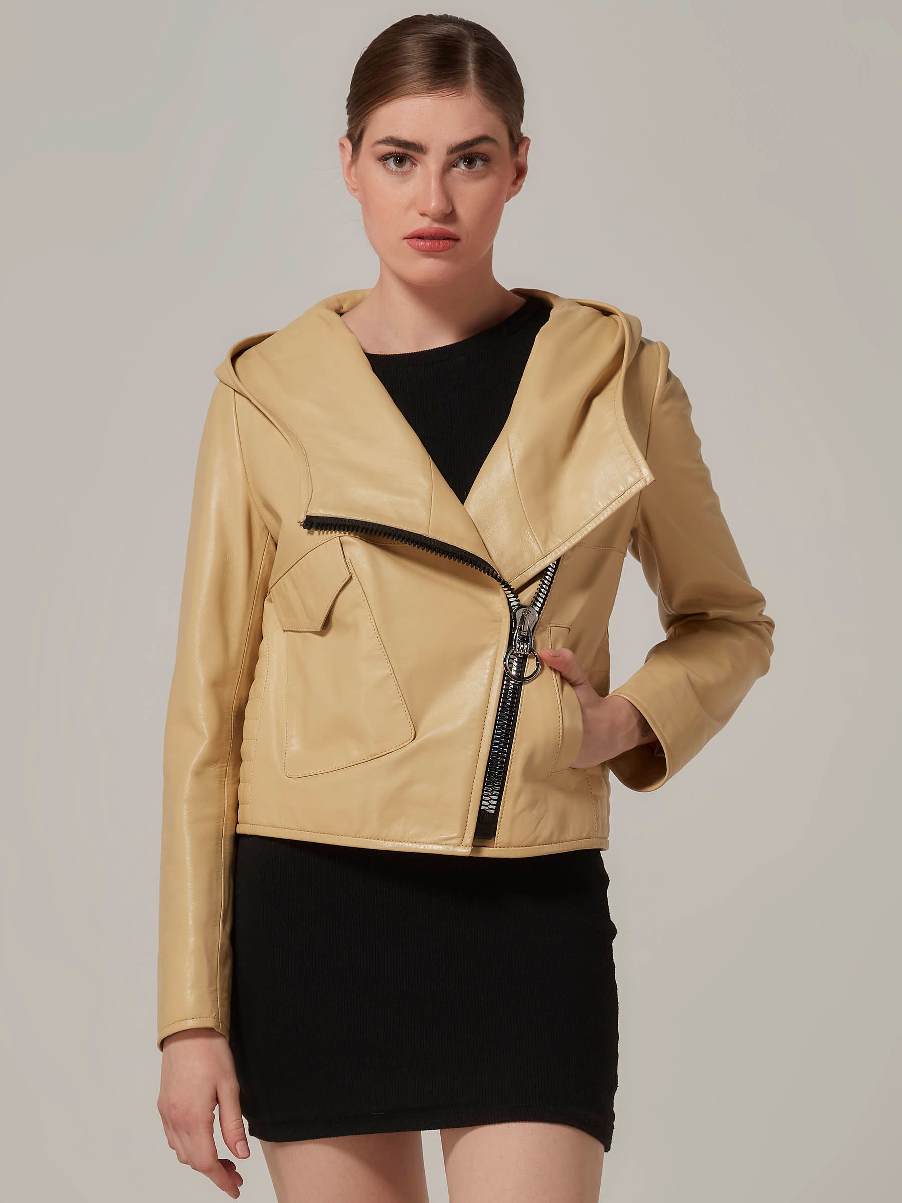 Yellow Leather Jacket with Hood - Minimalist Design