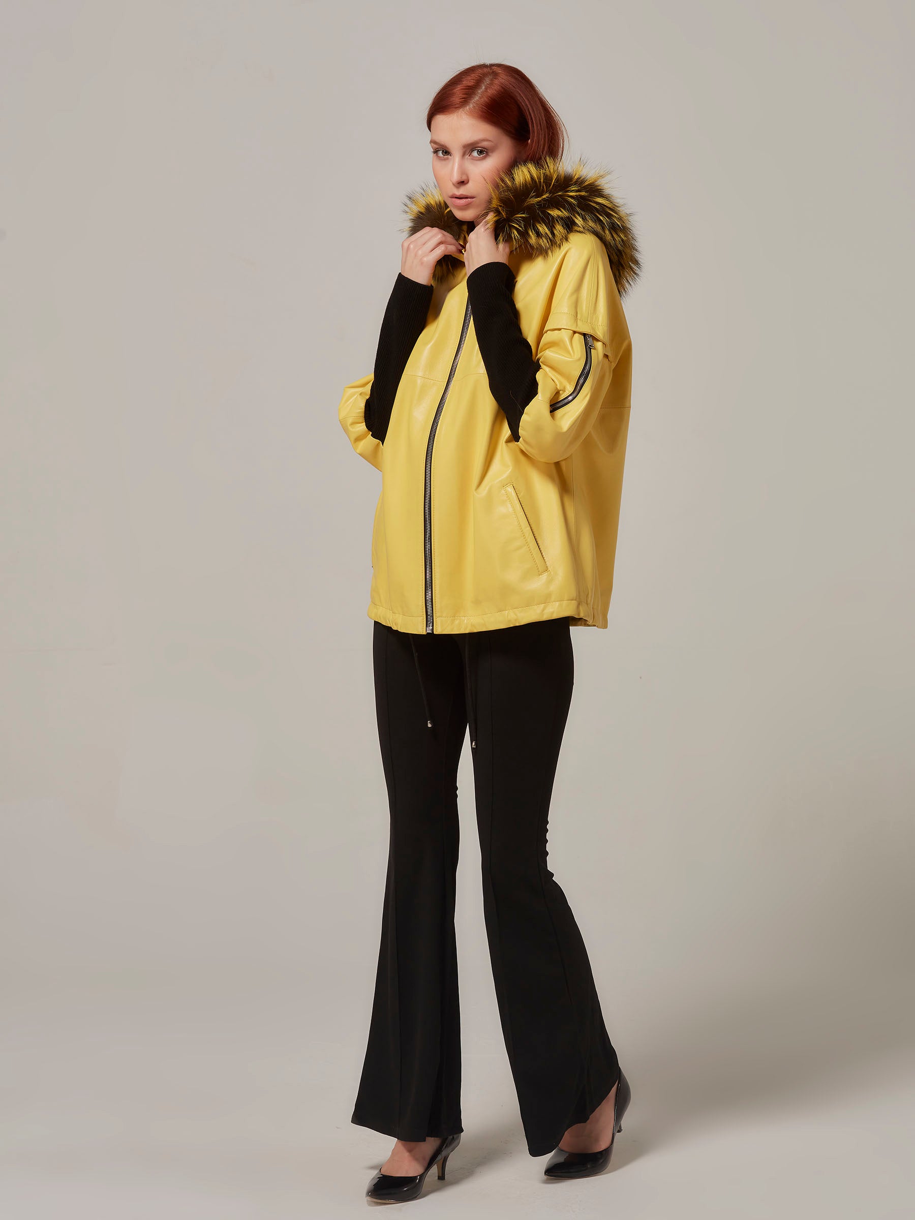 Yellow jacket with fur on sale hood