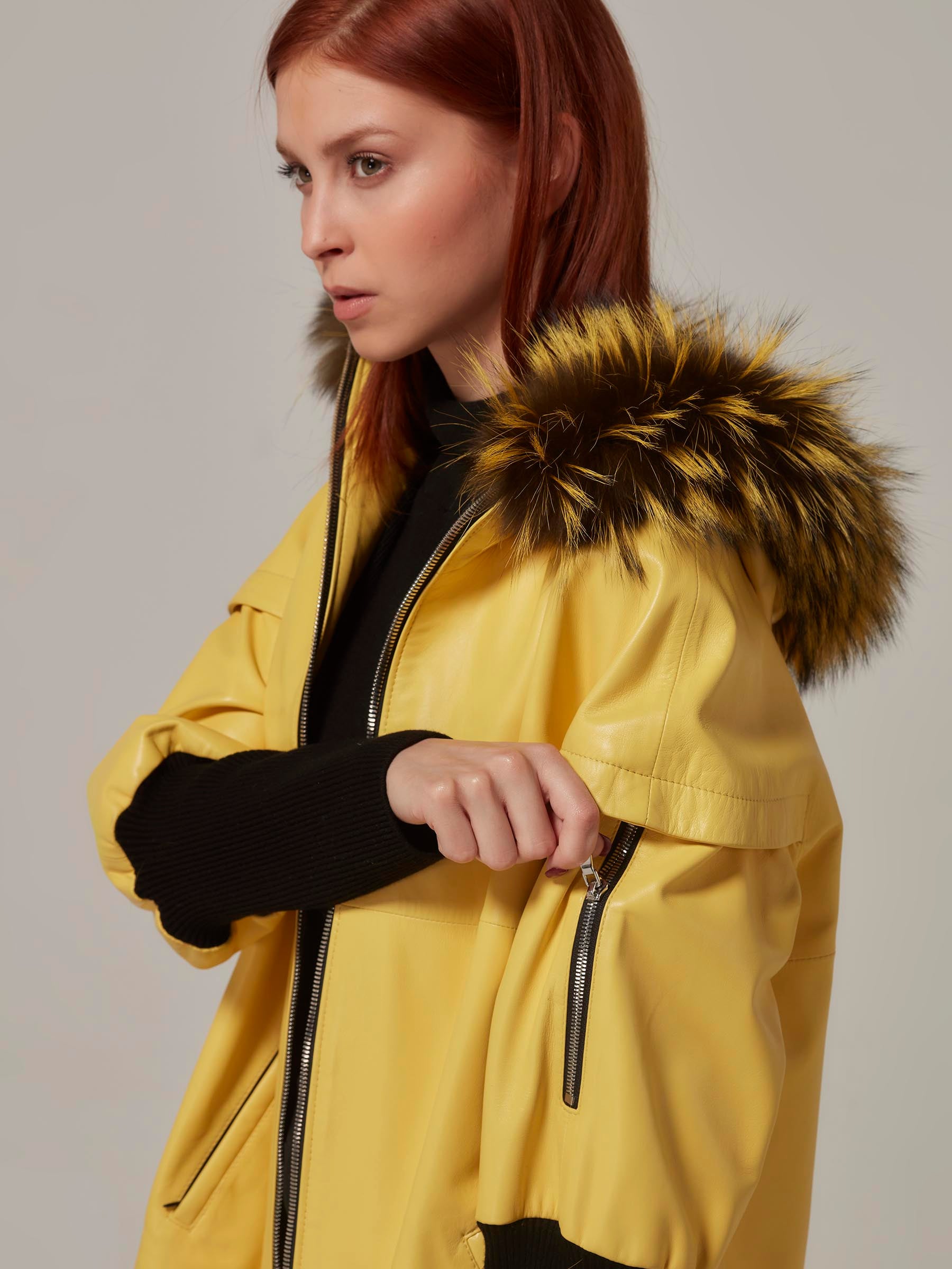 Yellow Leather Jacket with Wool Sleeve and Fox Fur Hood