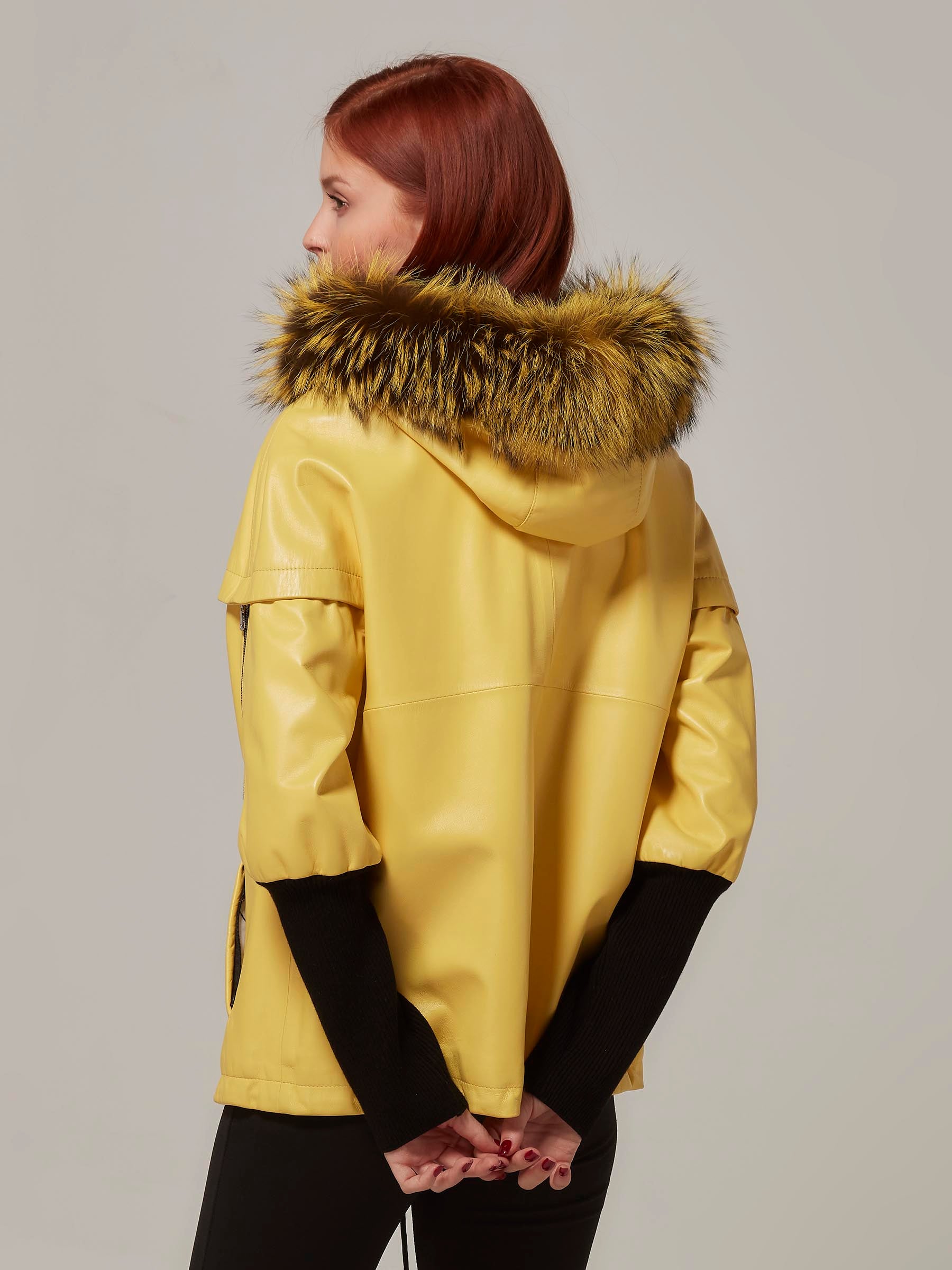 Yellow Leather Jacket with Wool Sleeve and Fox Fur Hood