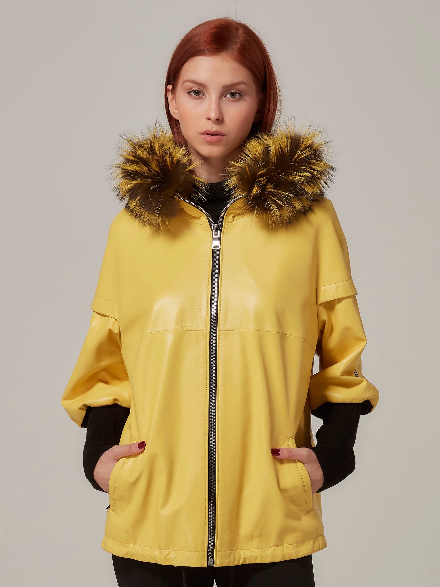 Yellow Leather Jacket with Wool Sleeve and Fox Fur Hood