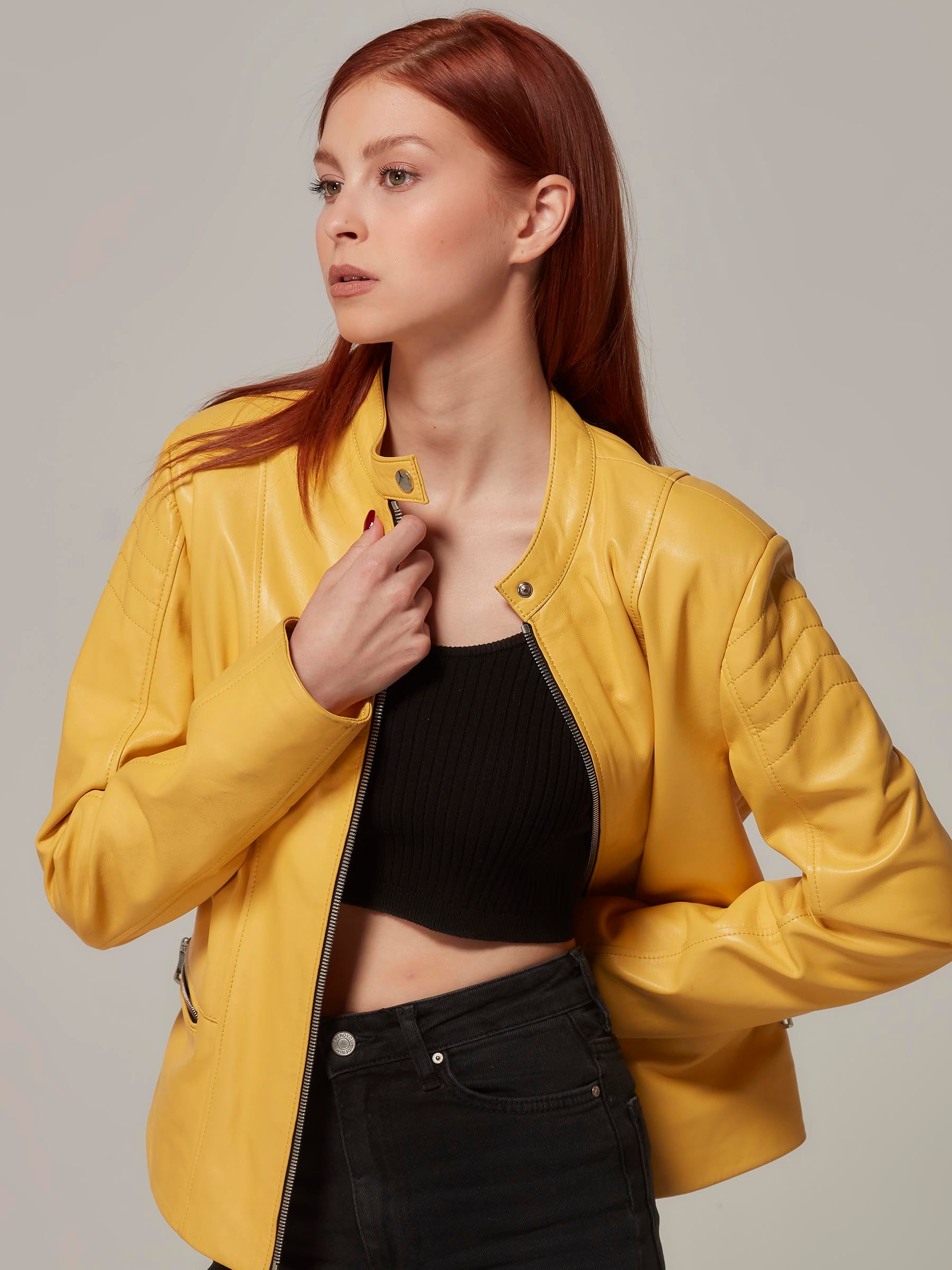 Yellow Leather Biker Jacket with Quilted Details