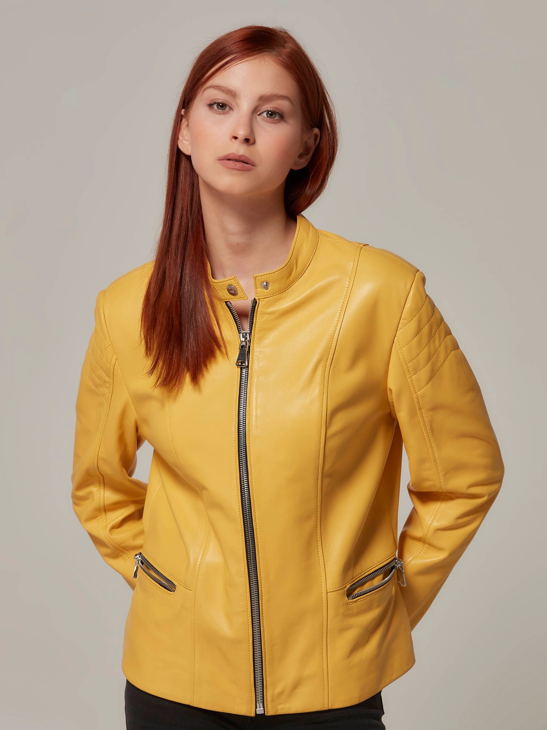 Yellow Leather Biker Jacket with Quilted Details