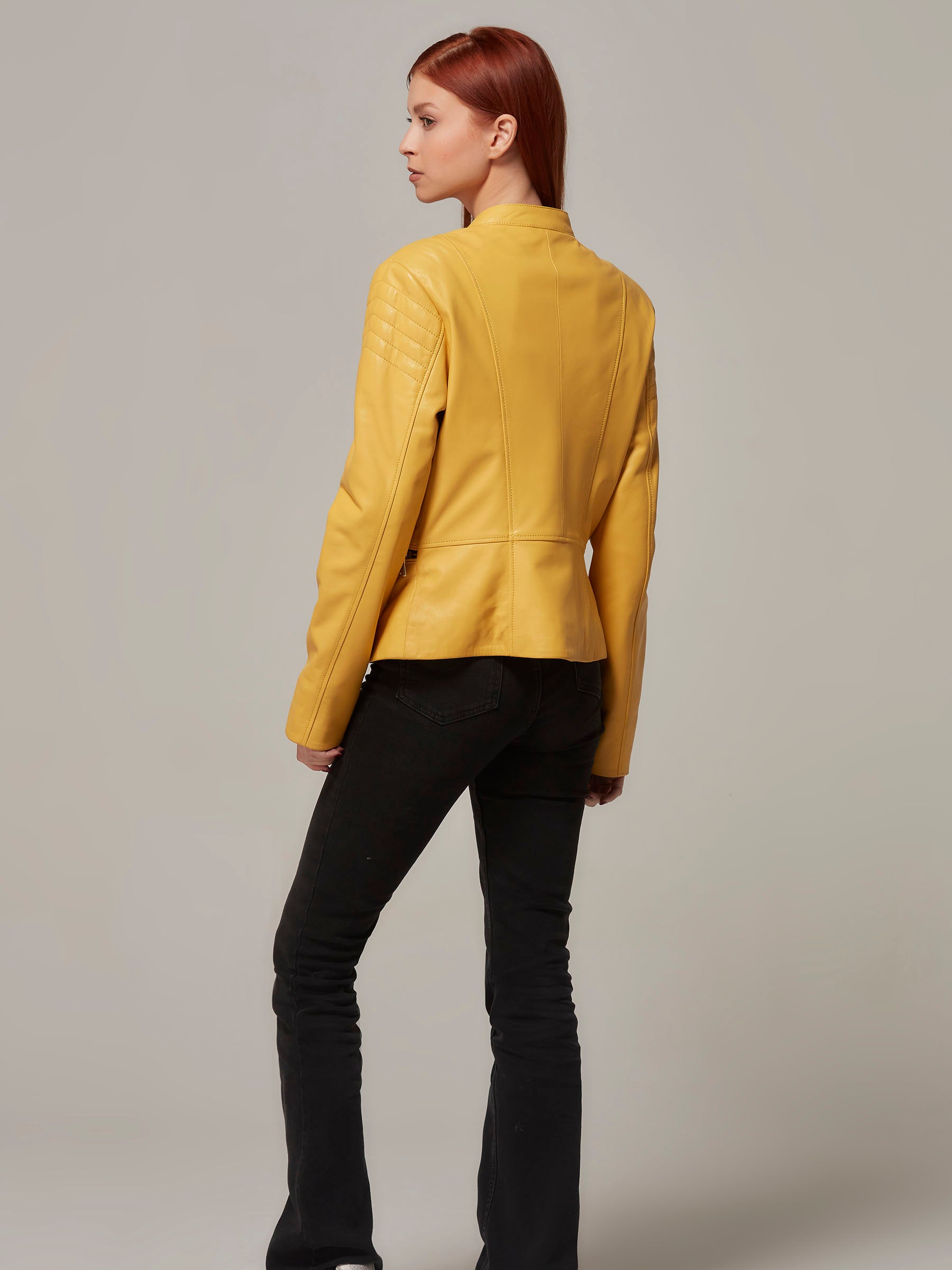 Yellow Leather Biker Jacket with Quilted Details