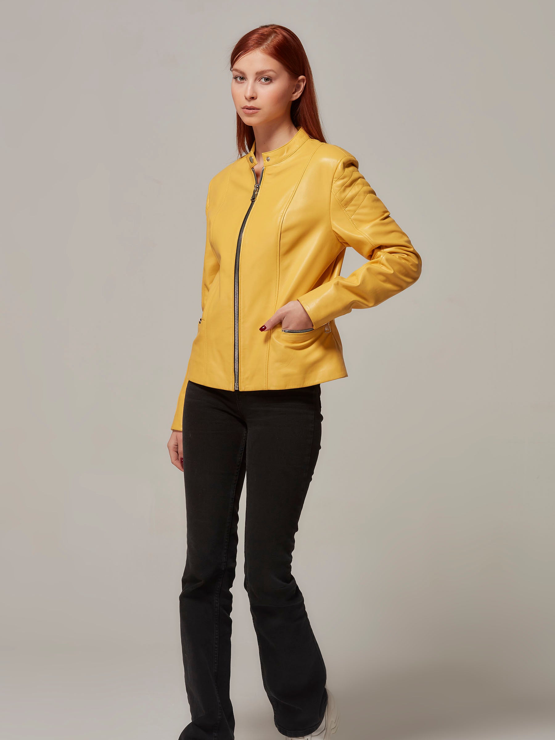 Yellow Leather Biker Jacket with Quilted Details